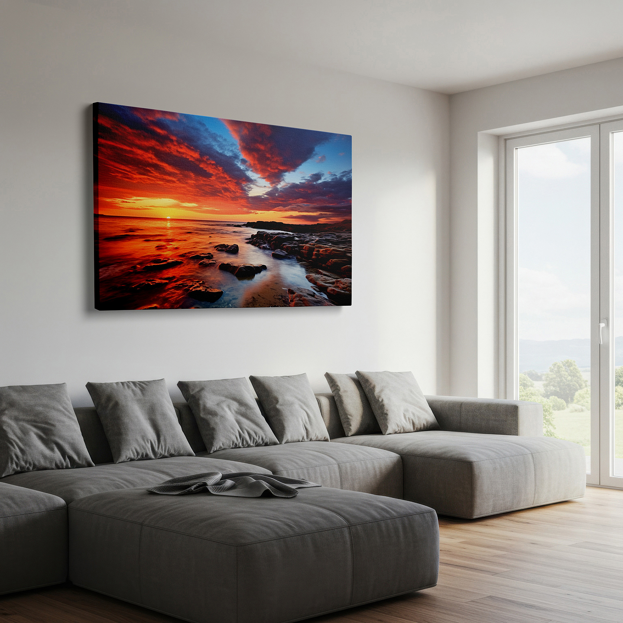 Aligned with a curated gallery wall of abstract artworks — twilight symphony: light and shadows over rugged shoreline - large canvas wall art for office decor