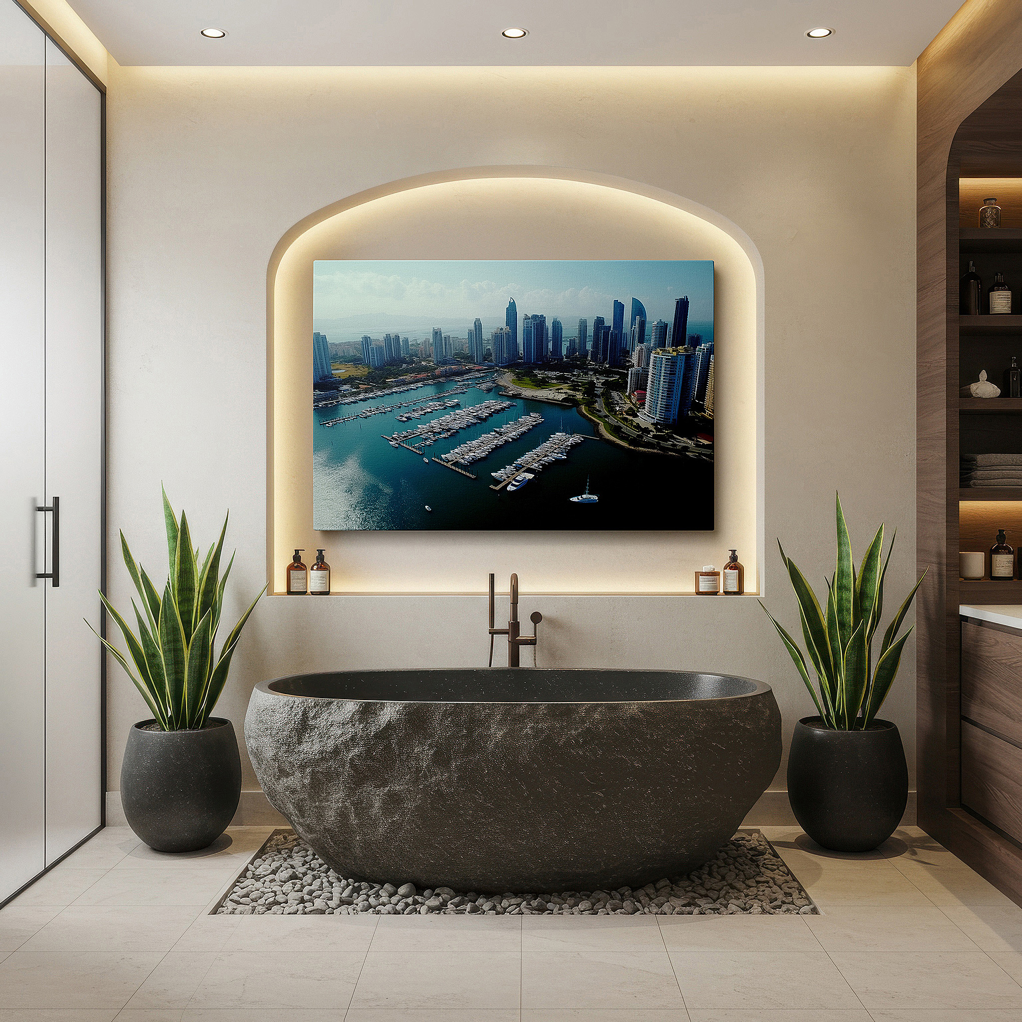 Aligned with a curated gallery wall of abstract artworks — urban marina elegance: skyscrapers and luxurious yachts wall art - large canvas for office and bedroom decor