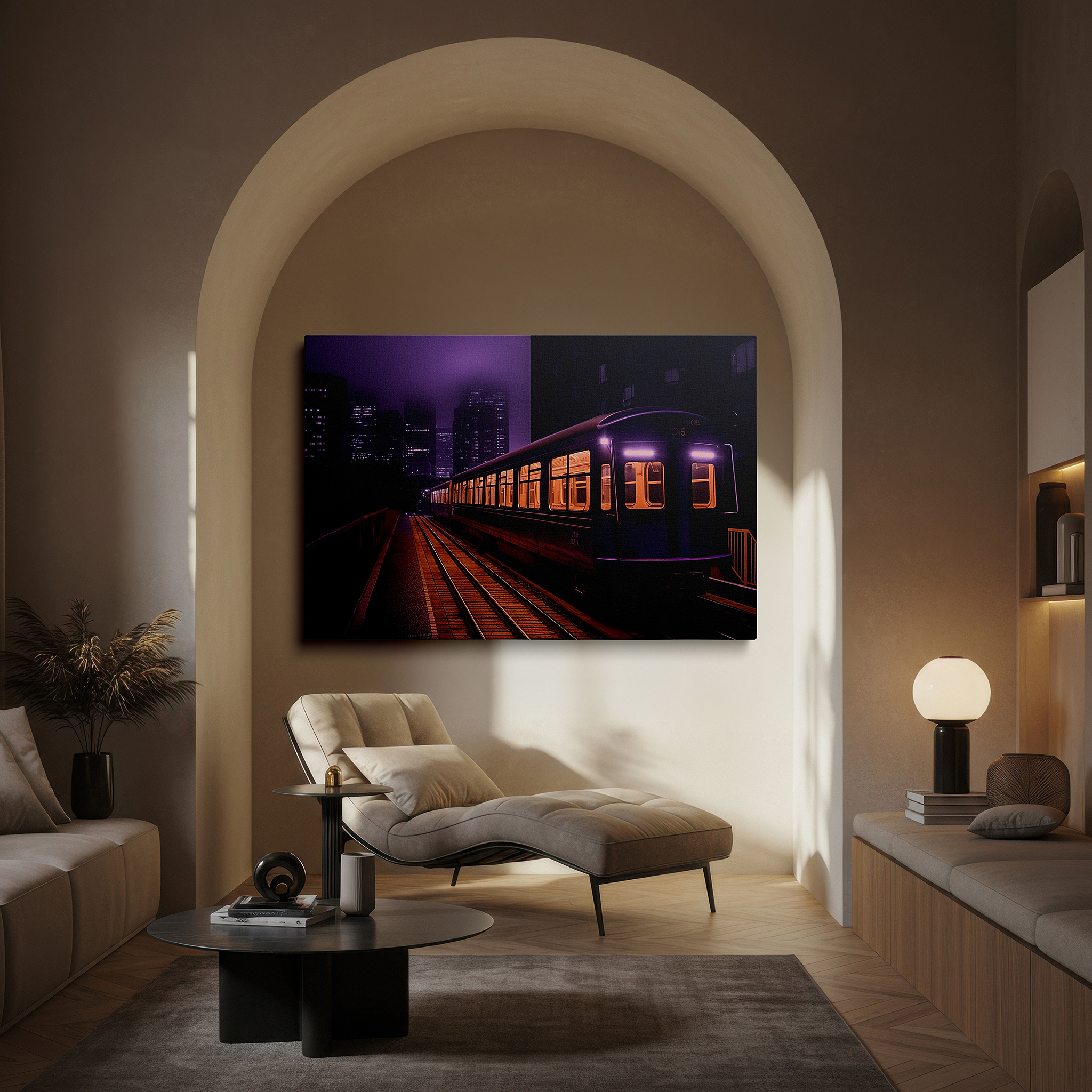 Aligned with a curated gallery wall of abstract artworks — urban solitude and mystery: purple train under soft lighting - large canvas wall art for office and bedroom decor