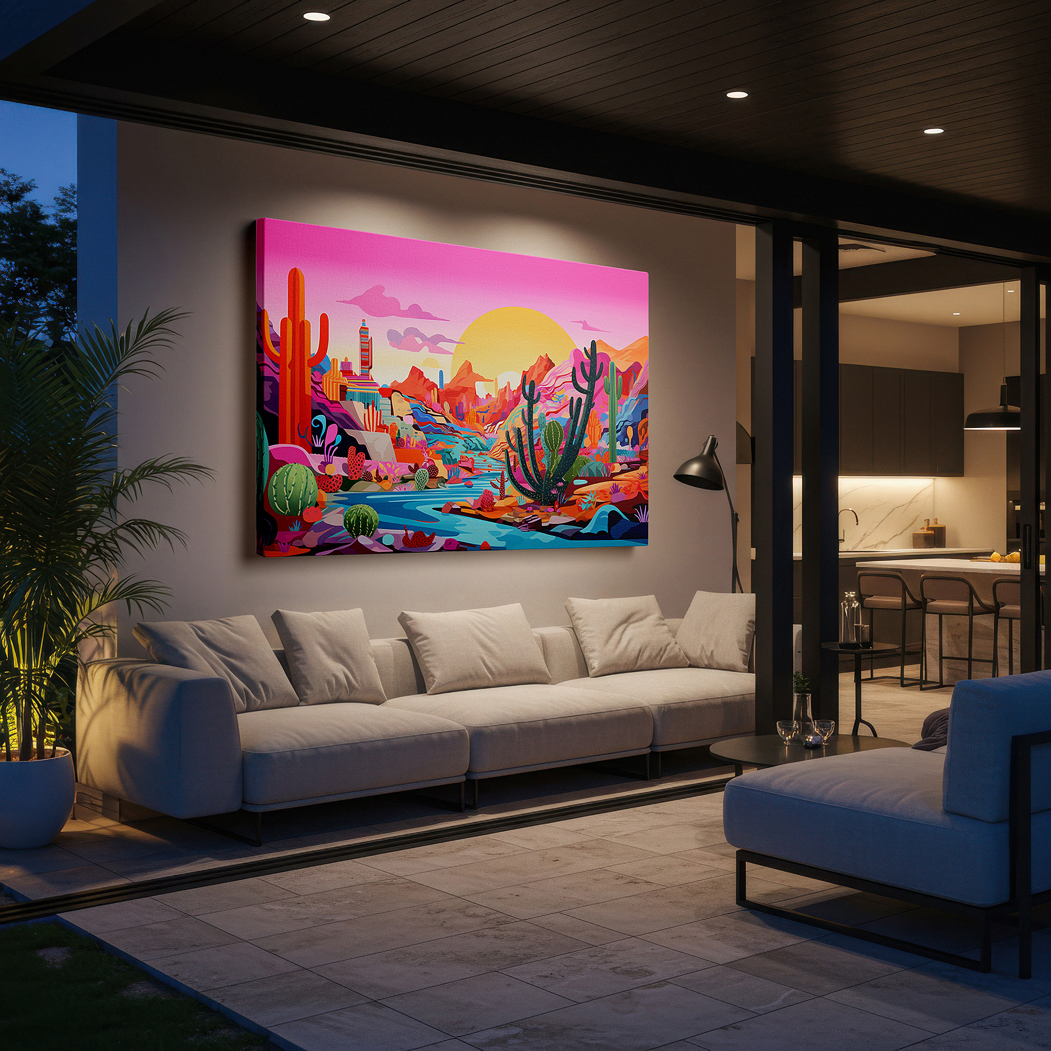 Aligned with a curated gallery wall of abstract artworks — vibrant desert whimsy: stylized cacti and dynamic rock formations under a pink sky - large canvas wall art for office decor
