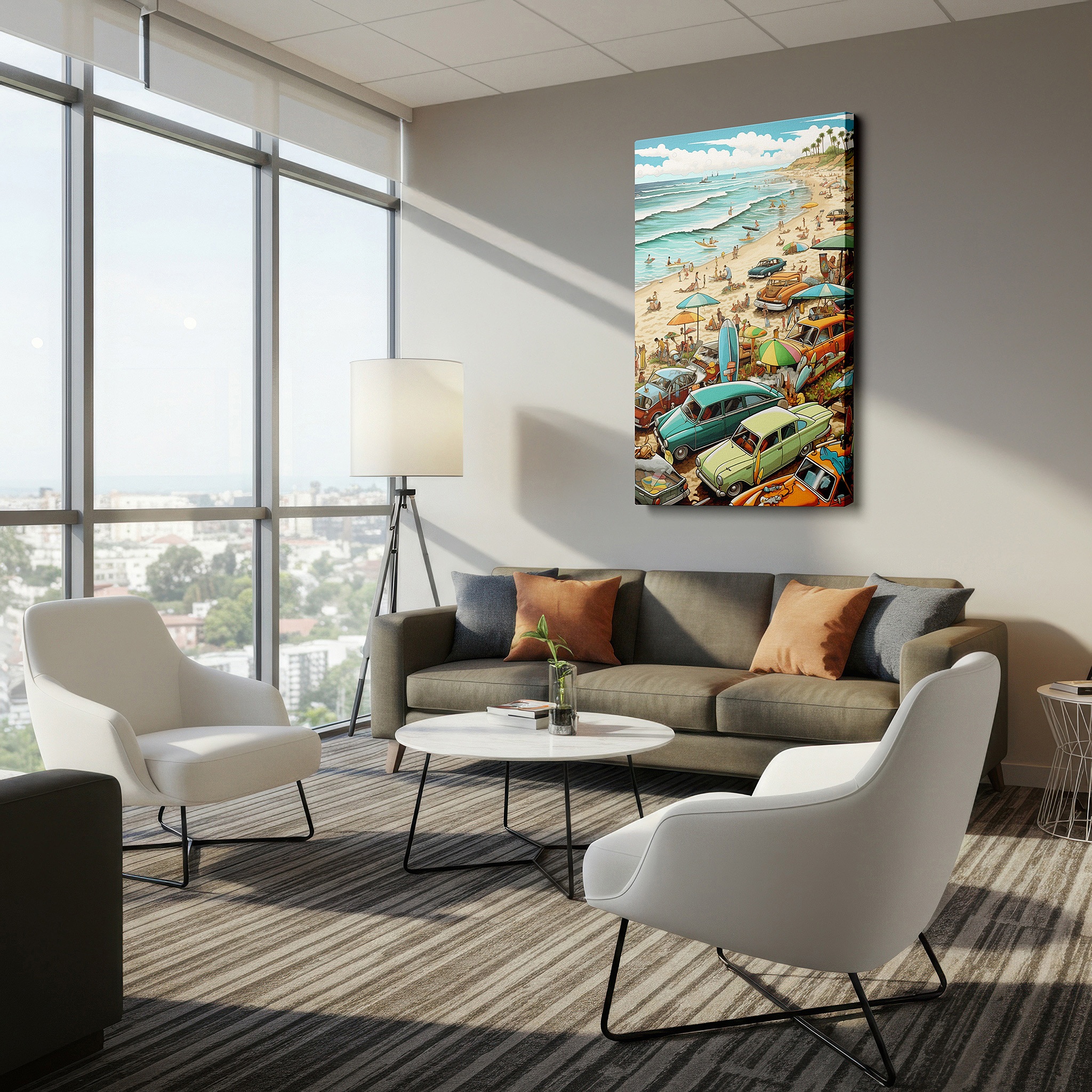 Aligned with a curated gallery wall of abstract artworks — vibrant retro beach scene featuring classic cars and sunny days - large canvas wall art for office, bedroom, and living room decor