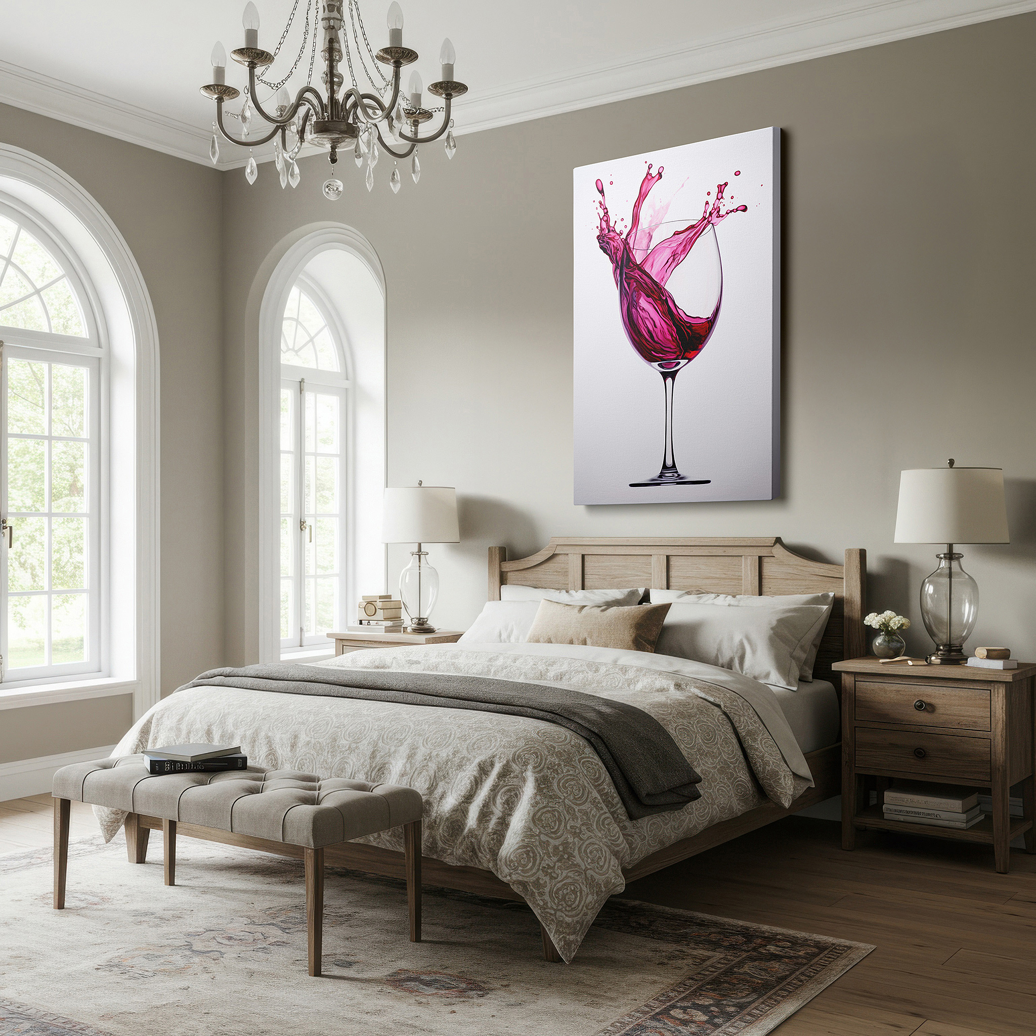 Aligned with a curated gallery wall of abstract artworks — wall art: celebrating the energetic dance of wine with a vivid splash on stark white - large canvas wall art for office and bedroom decor