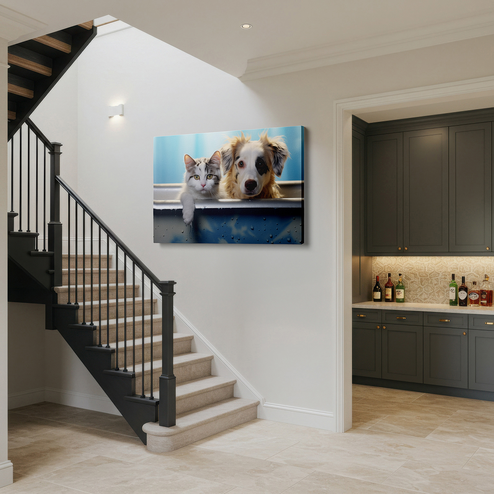 Aligned with a curated gallery wall of abstract artworks — wall art: charming scene of a fluffy dog and adorable cat sharing a cozy bathtub, exemplifying interspecies friendship - large canvas wall art decor.