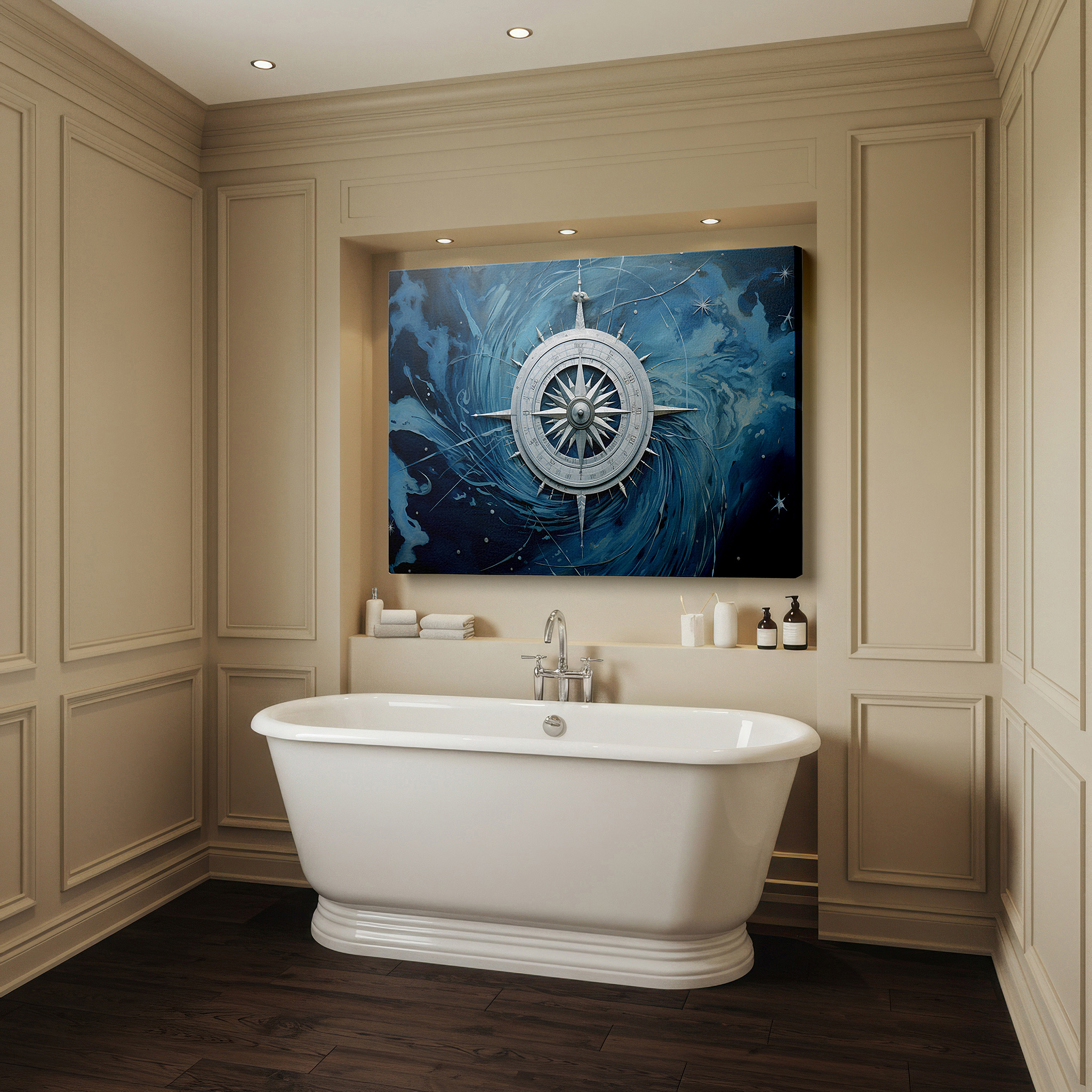 Aligned with a curated gallery wall of abstract artworks — wall art: "compass of dreams" - adventure beacon amidst oceanic swirls, large canvas wall art for office, bedroom, and living room decor
