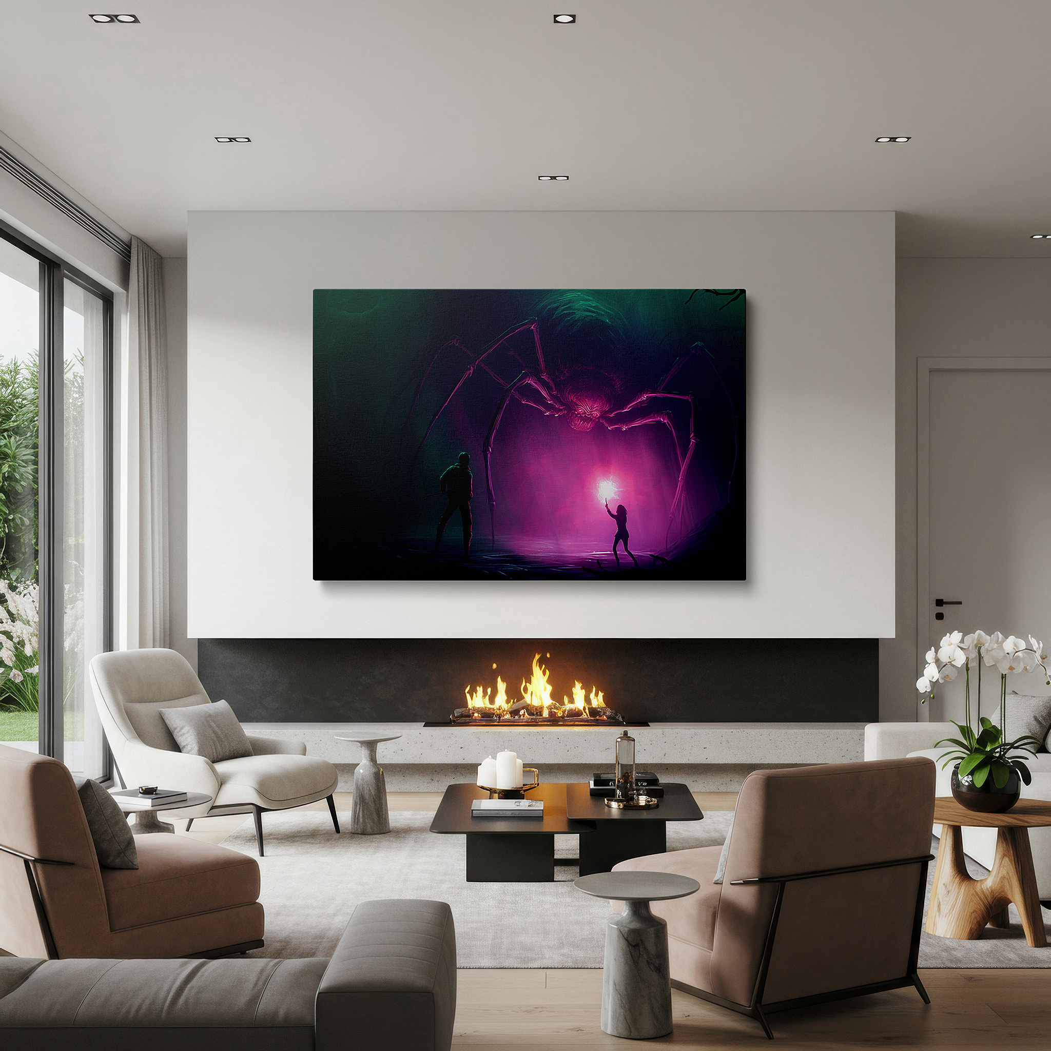 Aligned with a curated gallery wall of abstract artworks — wall art: epic confrontation of courage vs. fear in a mystical realm - large canvas wall art for office and bedroom decor