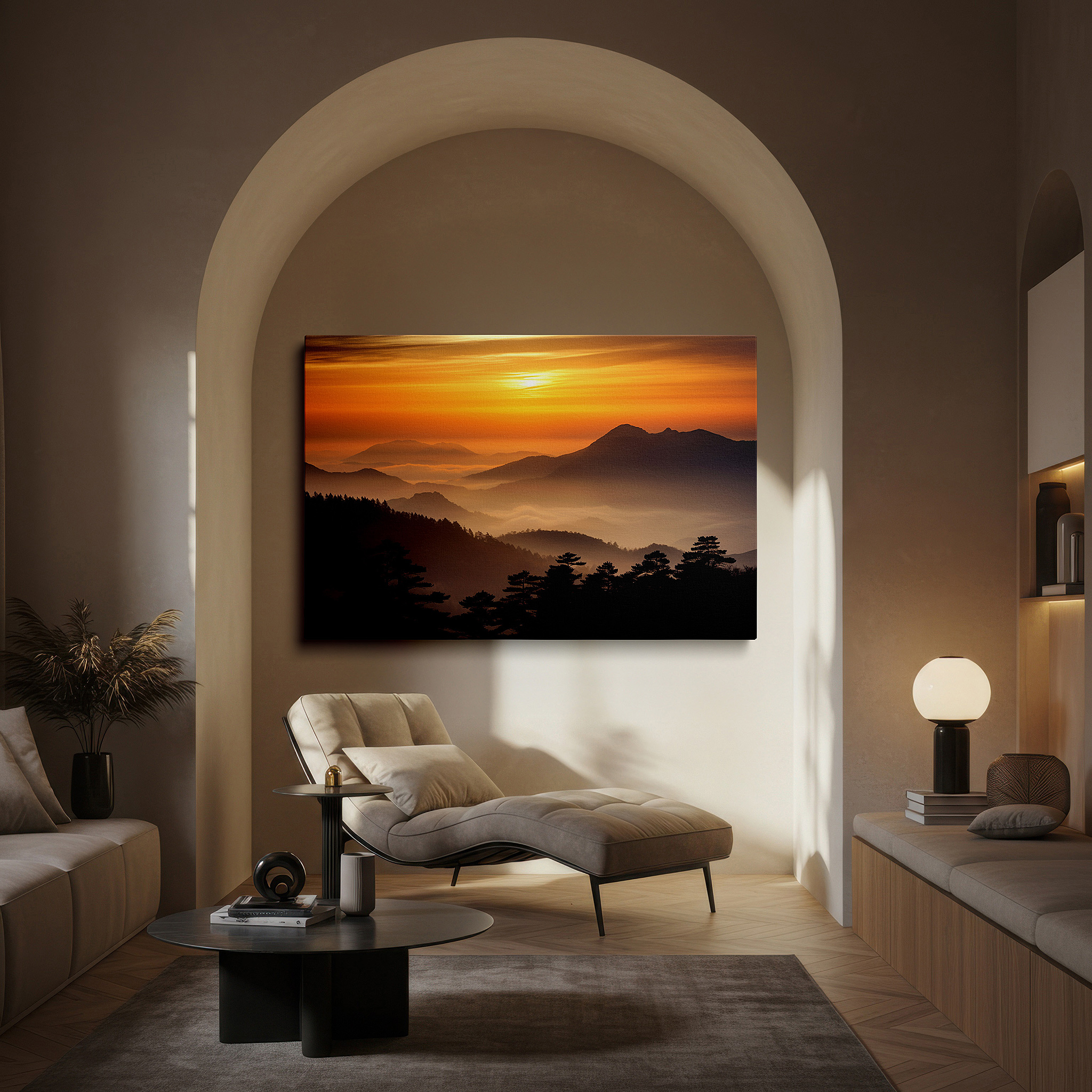 Aligned with a curated gallery wall of abstract artworks — wall art: fiery sunset over rugged peaks - a vivid display of nature's beauty. perfect for office, bedroom, and home decor, available as large canvas wall art.