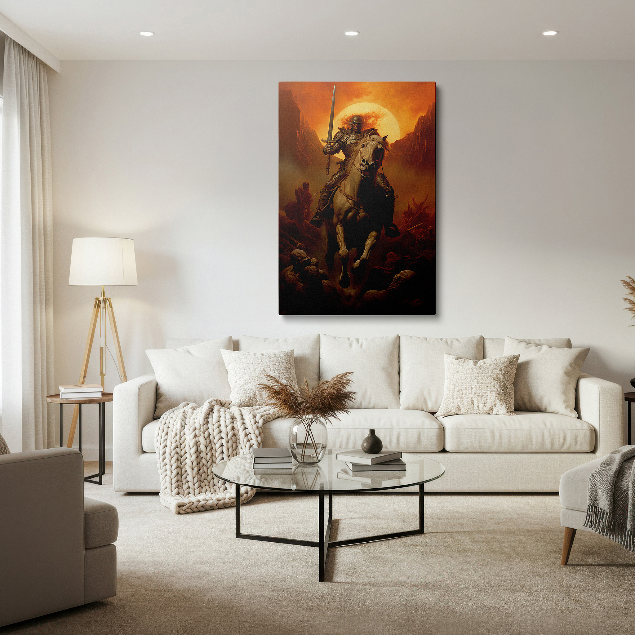 Aligned with a curated gallery wall of abstract artworks — wall art: "heroism amidst flames - a knight's valor and battle's fury" - large canvas wall art for office and bedroom decor