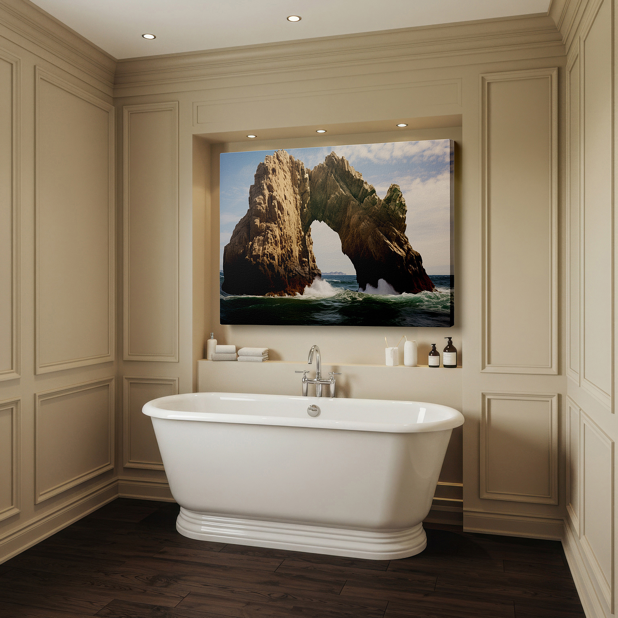 Aligned with a curated gallery wall of abstract artworks — wall art: majestic arch and crashing waves - a symphony of light and nature's power. large canvas wall art for home and office decor.
