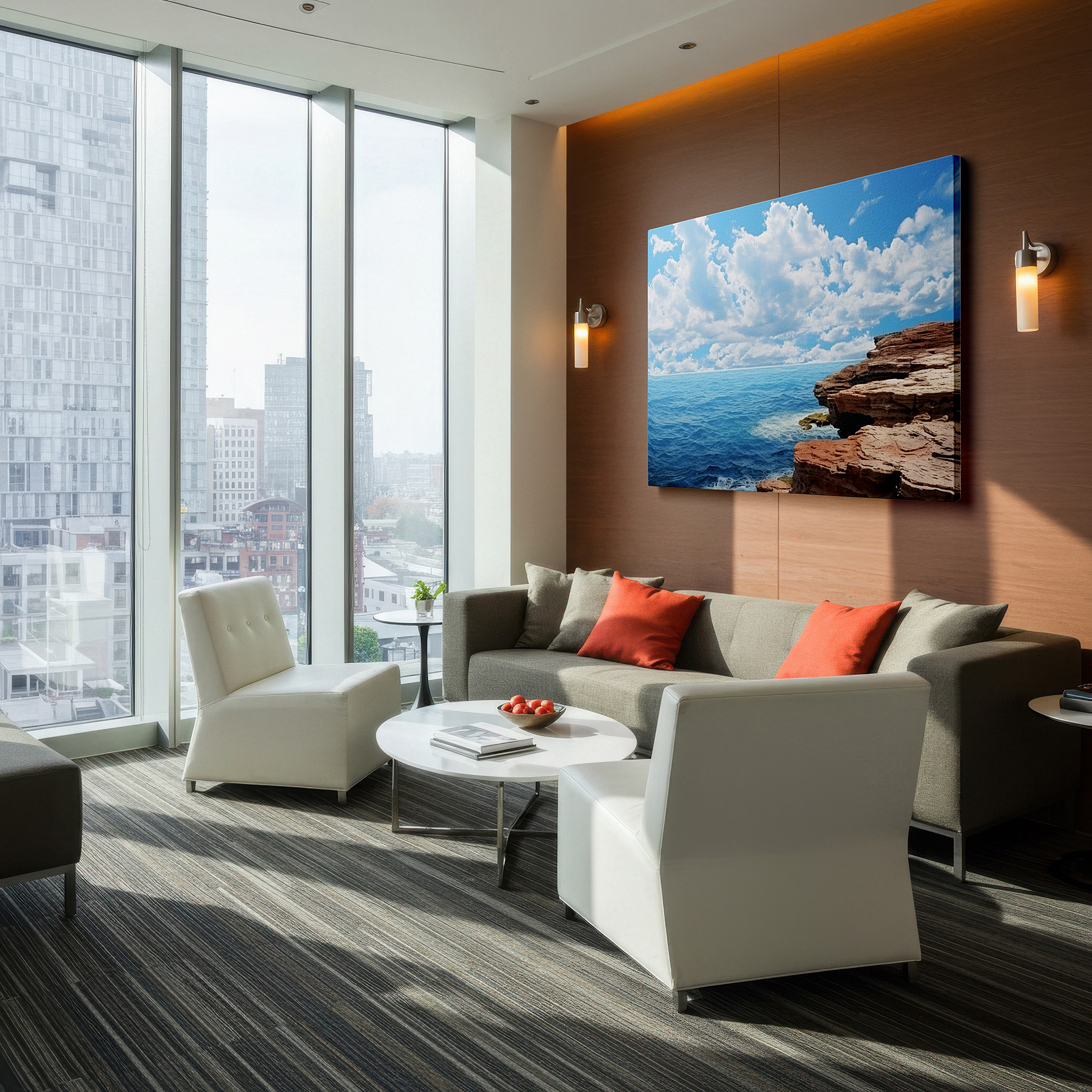 Aligned with a curated gallery wall of abstract artworks — wall art: majestic cliffs and tranquil seas beneath expansive skies - nature's splendid dance. large canvas wall art for home and office decor.