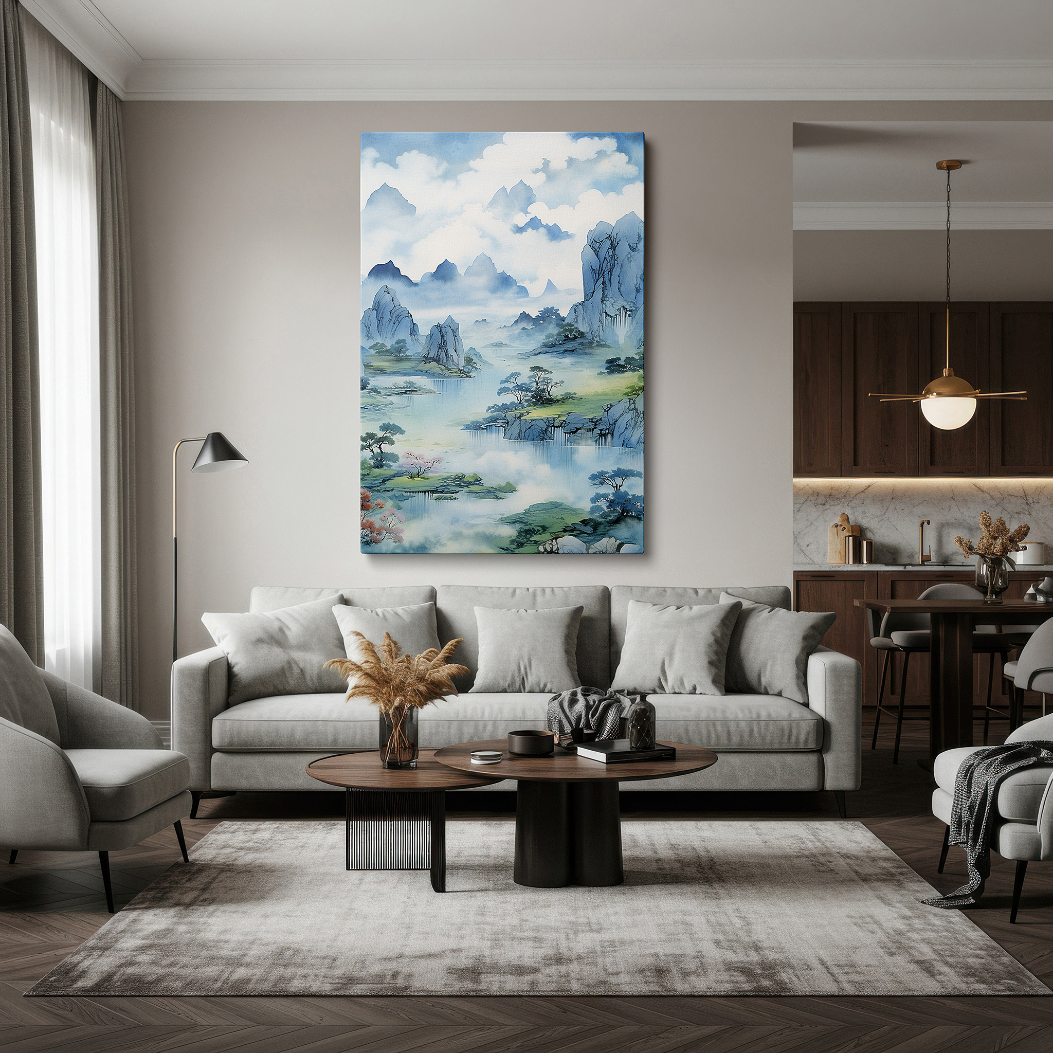Aligned with a curated gallery wall of abstract artworks — wall art: majestic peaks and serene streams in misty tones - a sanctuary of calm. large canvas wall art for office and bedroom decor.