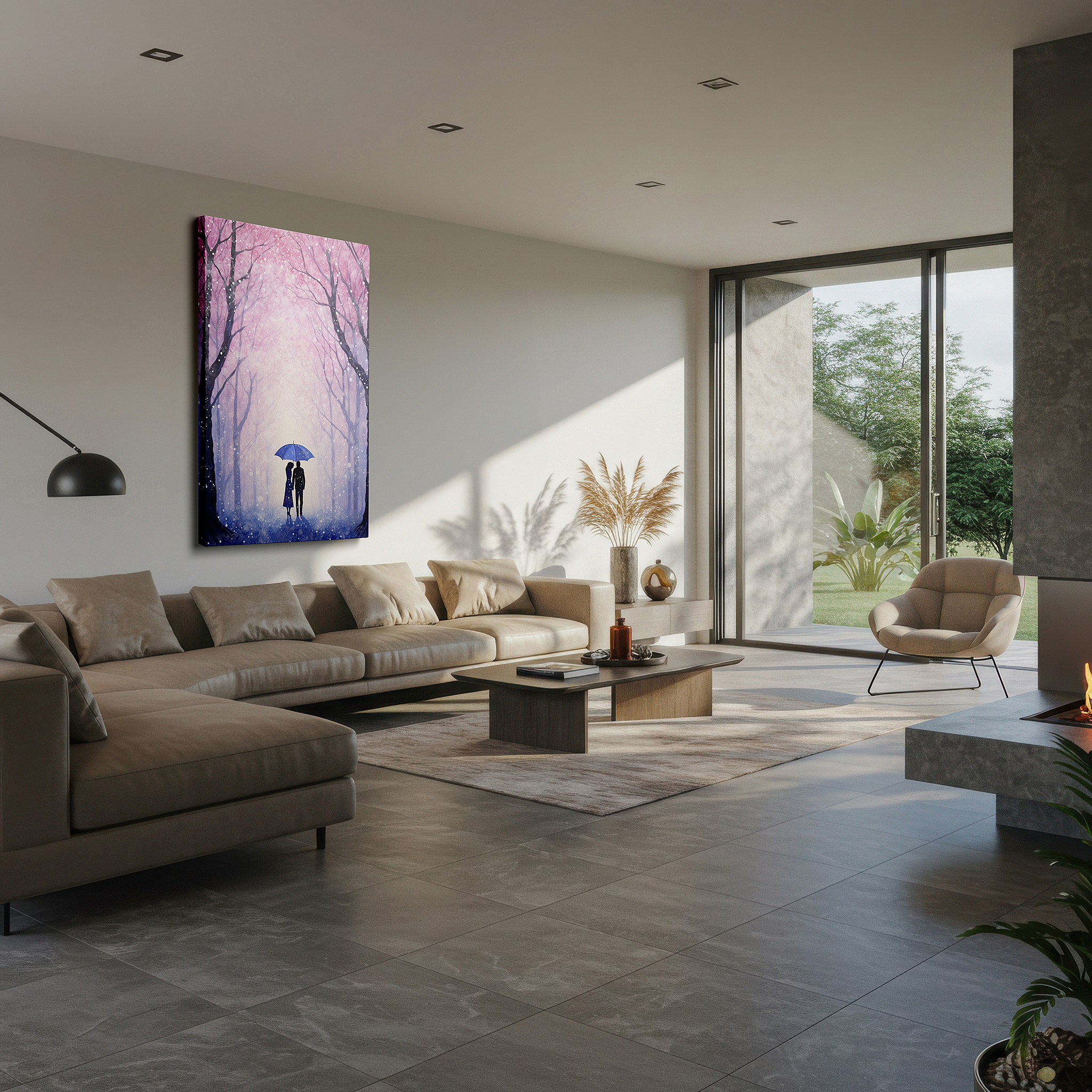 Aligned with a curated gallery wall of abstract artworks — wall art: romantic walk under a blue umbrella among spring blossoms - large canvas wall art for office and bedroom decor