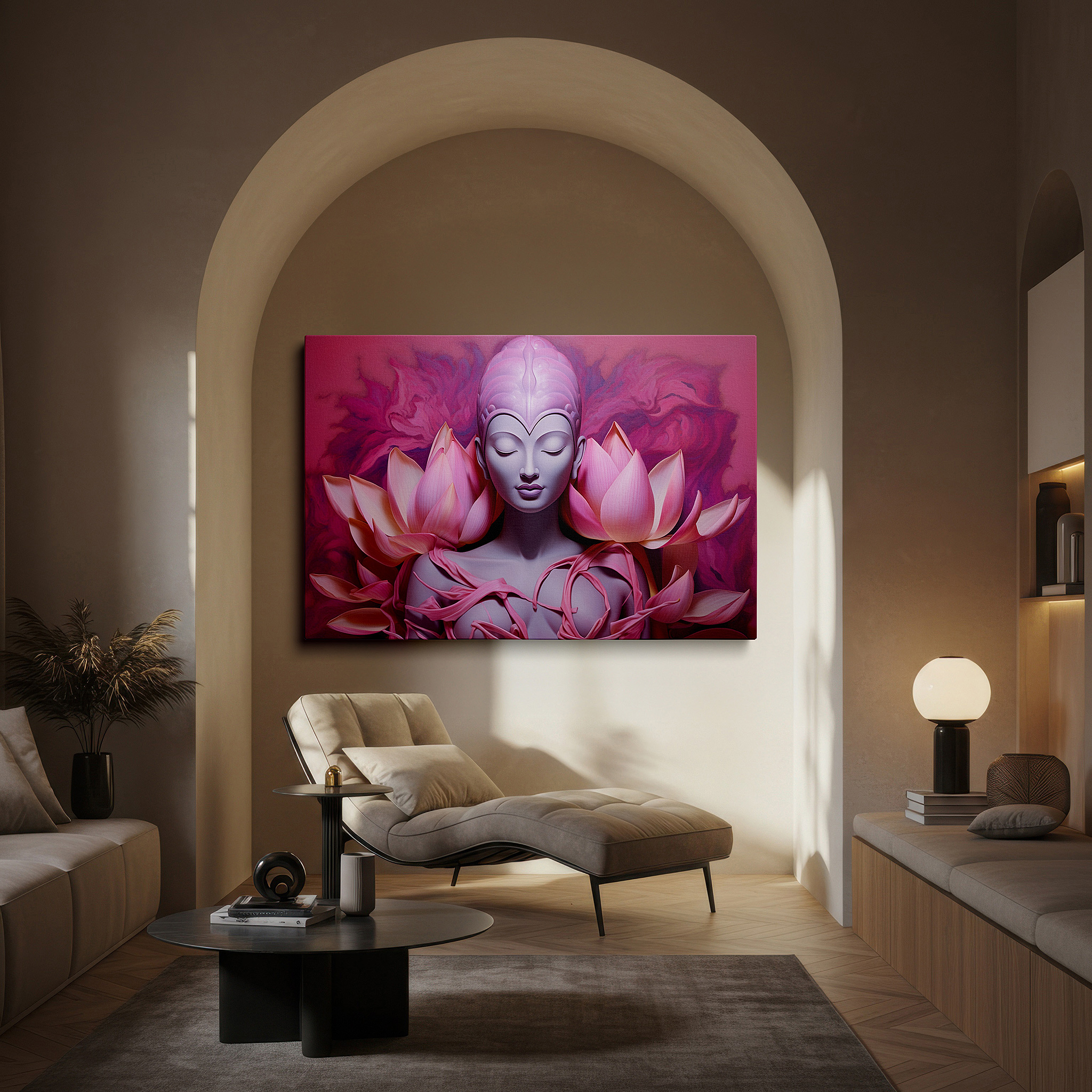 Aligned with a curated gallery wall of abstract artworks — wall art: serene meditative figure surrounded by vibrant lotus petals, representing purity and spiritual enlightenment - large canvas wall art for office decor