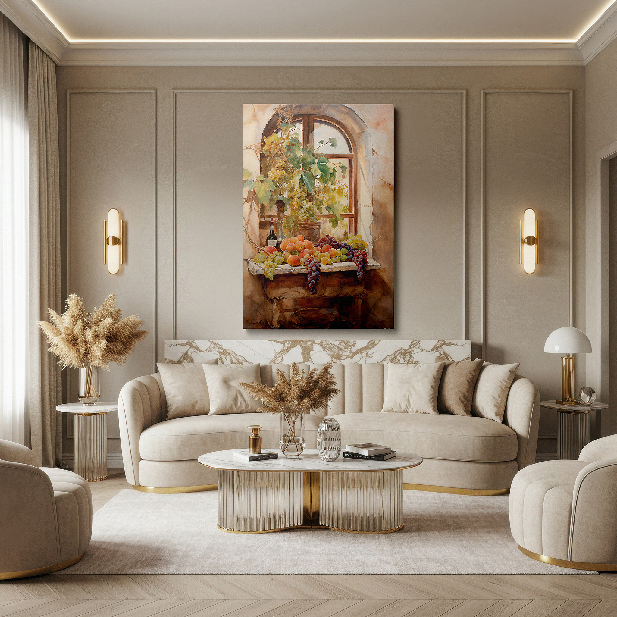 Aligned with a curated gallery wall of abstract artworks — wall art: serene scene with grapes, peaches, and wine by a rustic window - large canvas wall art for office and bedroom decor