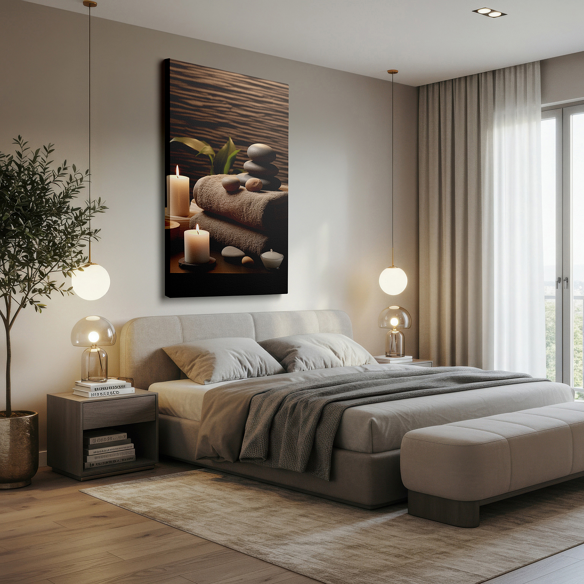 Aligned with a curated gallery wall of abstract artworks — wall art: serene spa oasis featuring soft towels, smooth stones, and gentle candlelight for relaxation - large canvas wall art for home and office decor