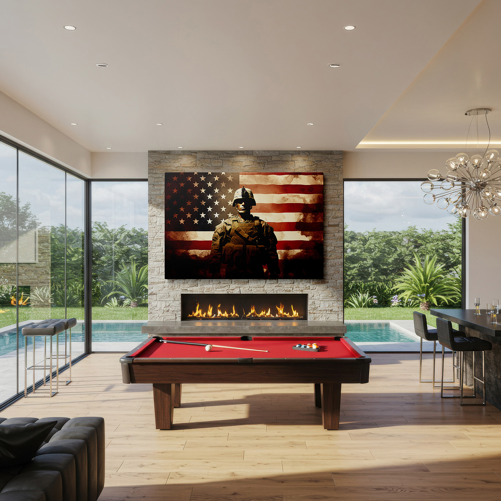Aligned with a curated gallery wall of abstract artworks — wall art: soldier silhouette and american flag - celebrating bravery, sacrifice, and patriotism. large canvas wall decor.