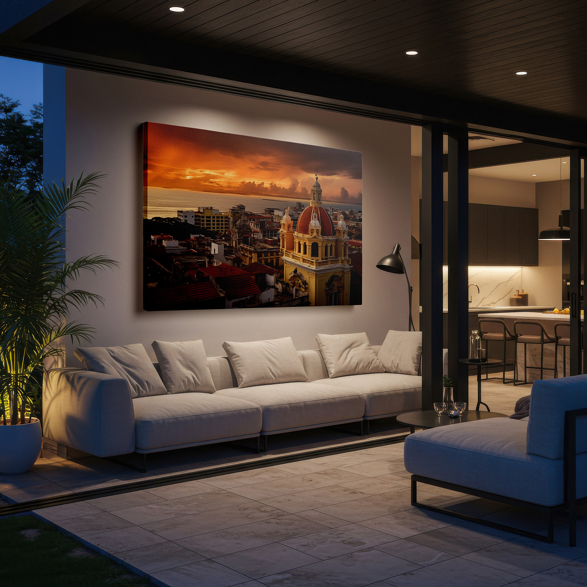 Aligned with a curated gallery wall of abstract artworks — wall art: sunset over historic cityscape - timeless beauty meets modern vibrancy. large canvas wall art for office and bedroom decor.