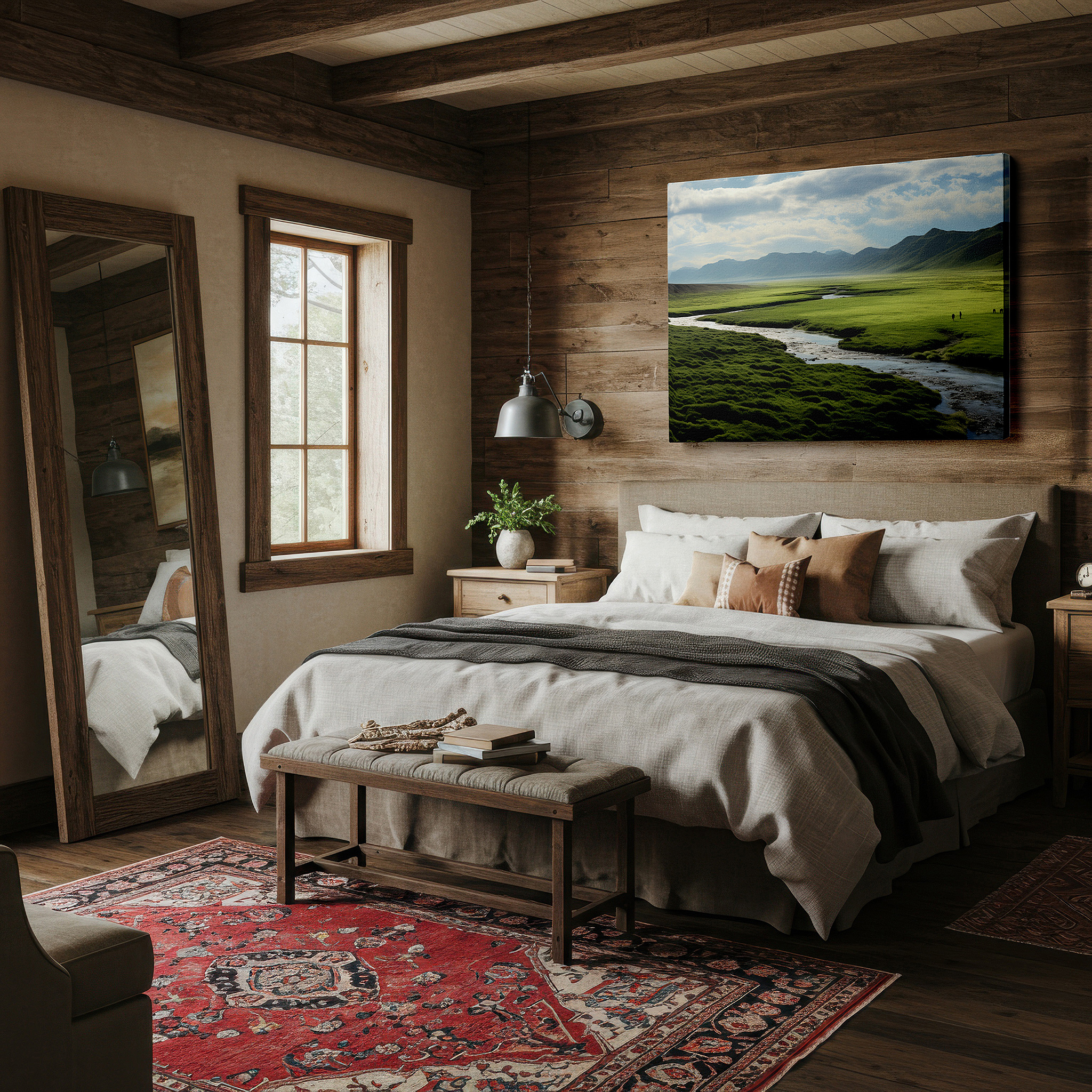 Aligned with a curated gallery wall of abstract artworks — wall art: tranquil landscape featuring verdant fields, winding river, and expansive sky - large canvas art for home and office decor, perfect for living room and bedroom