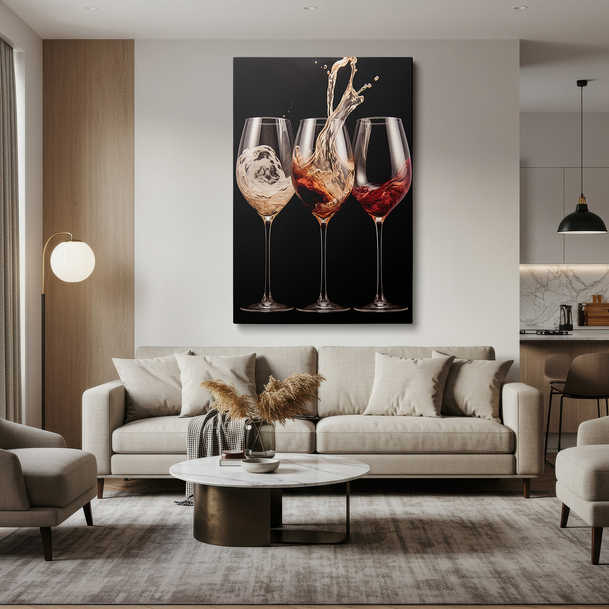 Aligned with a curated gallery wall of abstract artworks — wall decor: elegant dance of wine on a stark black background - large canvas art perfect for home or office