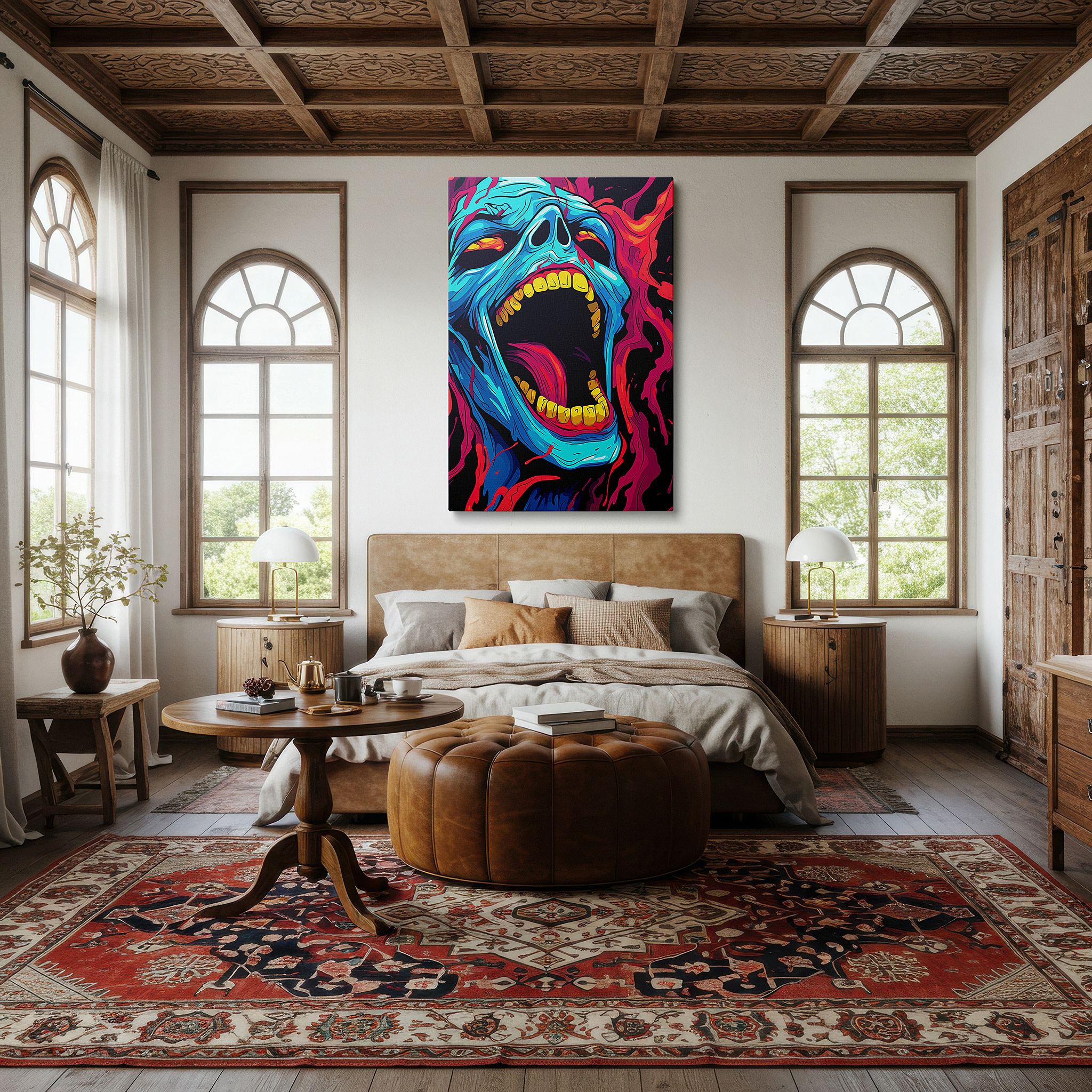 Aligned with a curated gallery wall of abstract artworks — wall decor: intense blue skull surrounded by flames - a profound reflection on life and feelings, large canvas art for home and office