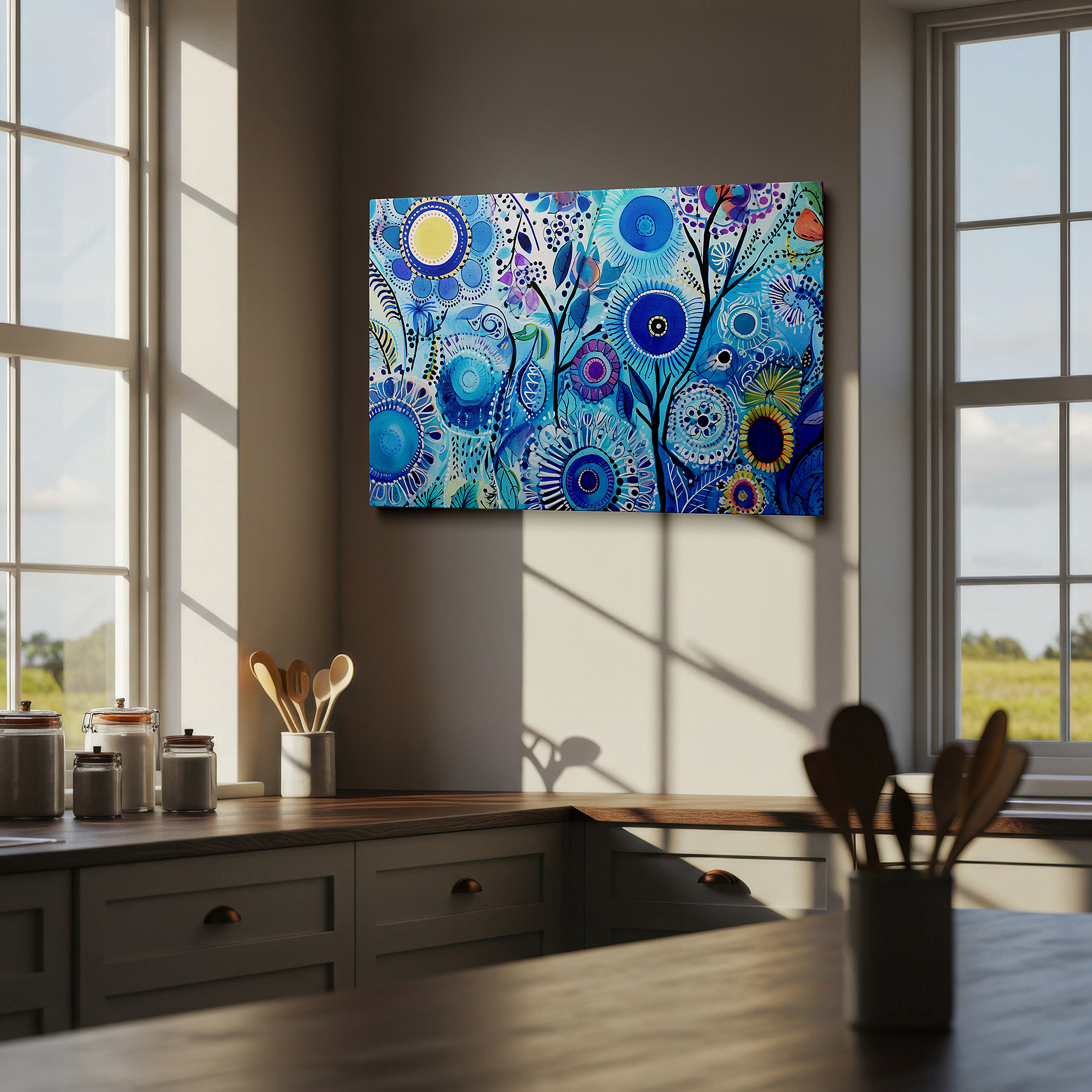 Aligned with a curated gallery wall of abstract artworks — wall decor: serene mix of blue and green hues featuring vibrant floral designs - ideal for living rooms, bedrooms, or office spaces