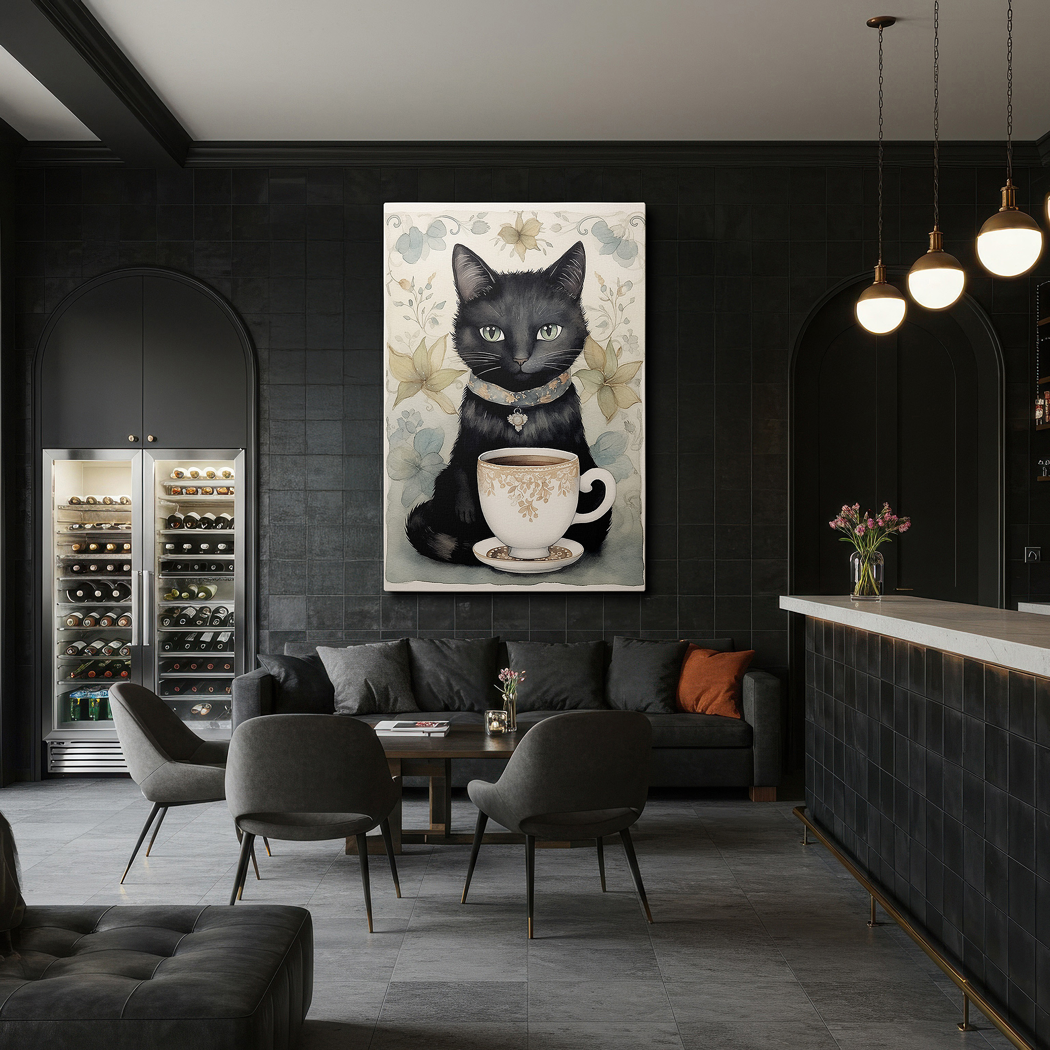 Aligned with a curated gallery wall of abstract artworks — wall decor: sleek black cat and ornate jeweled cup - large canvas art for office and bedroom