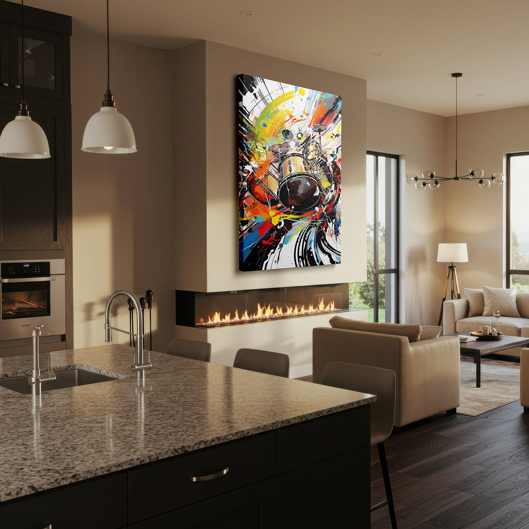 Available in 30×20 cm — a subtle addition to small personal spaces — abstract drum set surrounded by vibrant swirls, embodying the spirit of live music, large canvas wall art for home and office decor