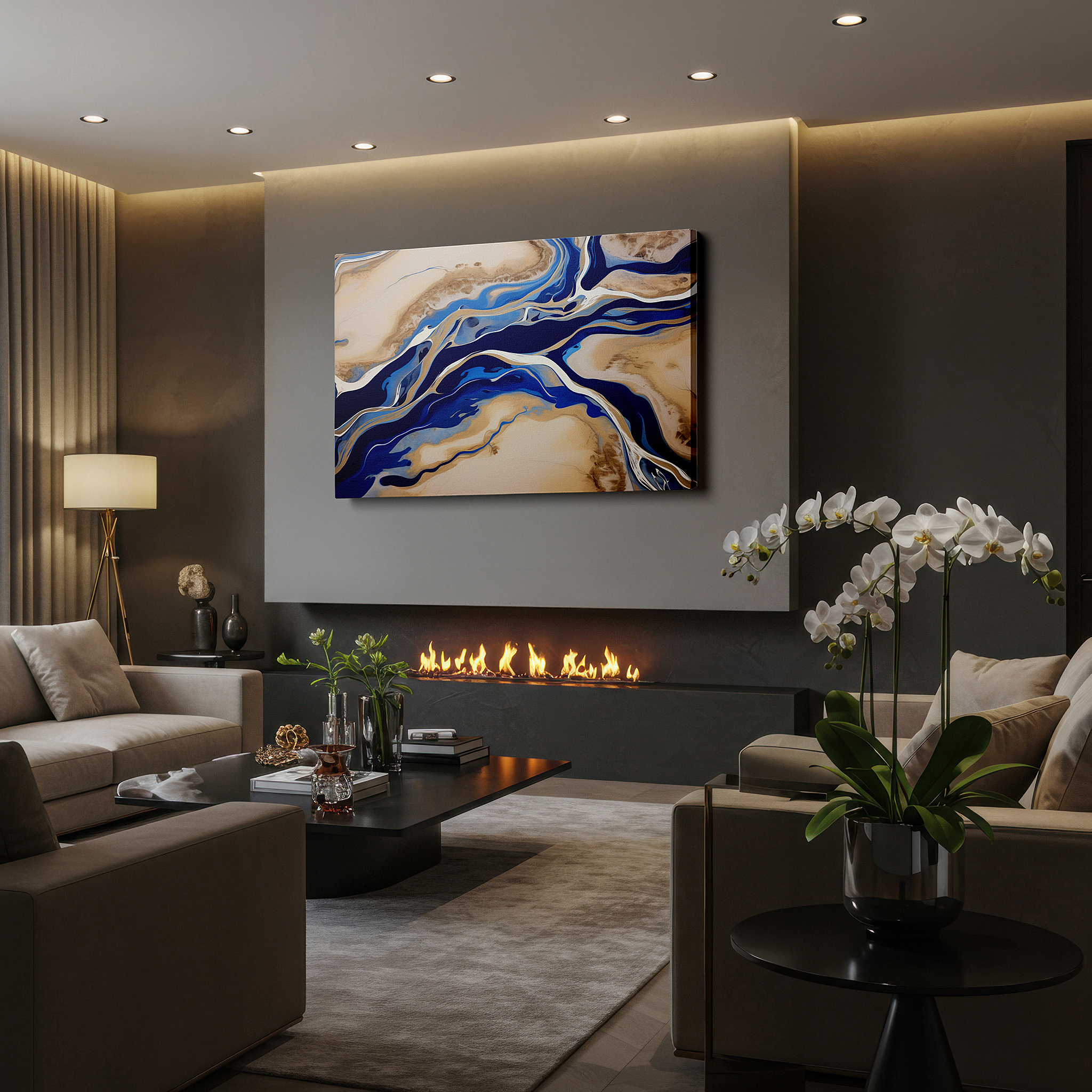 Available in 30×20 cm — a subtle addition to small personal spaces — abstract enchanting waterways wall art in vivid blues and earthy tones, large canvas for office, bedroom, and living room decor