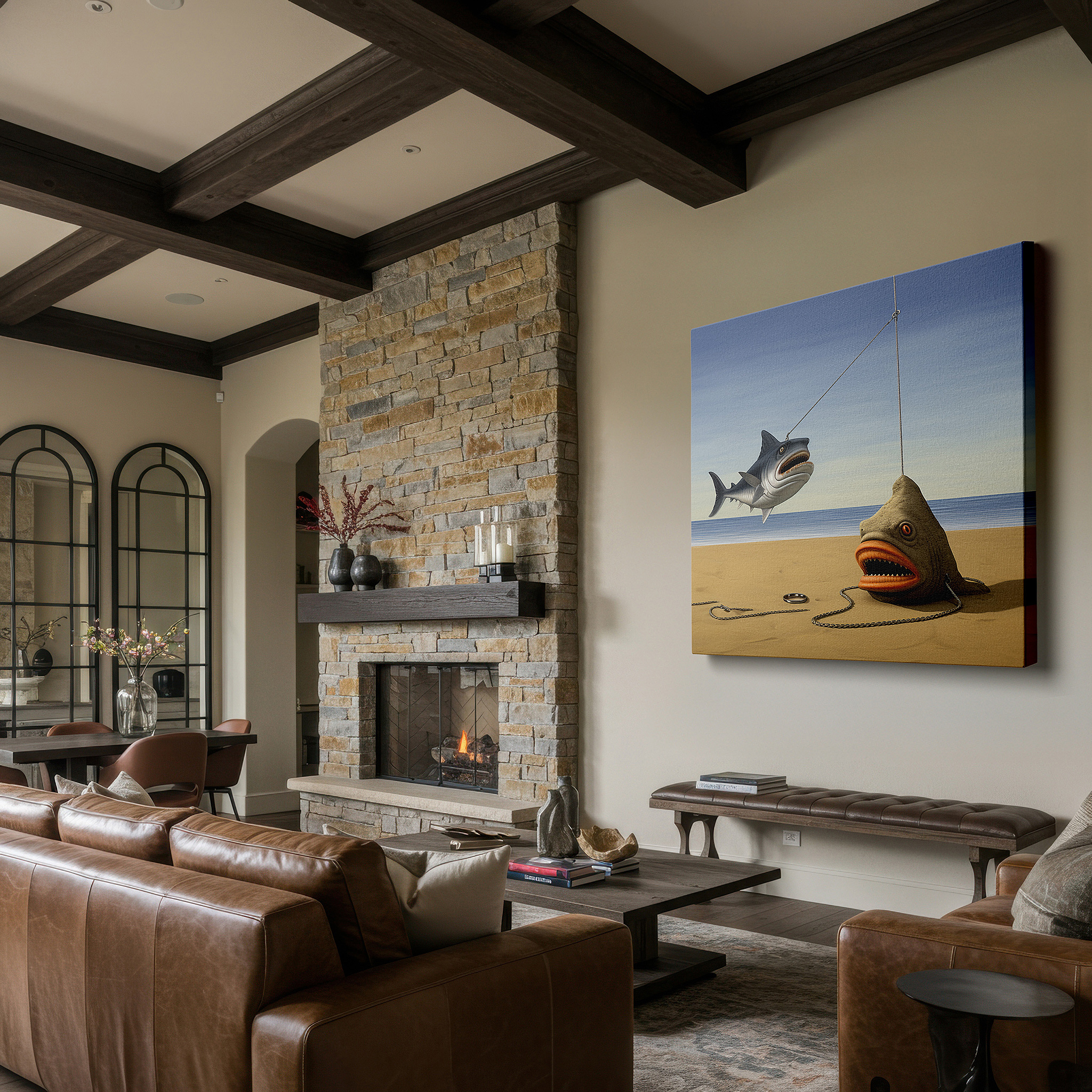 Available in 30×20 cm — a subtle addition to small personal spaces — anthropomorphic fish at sunset whimsical beach gathering large canvas wall art for office and bedroom decor