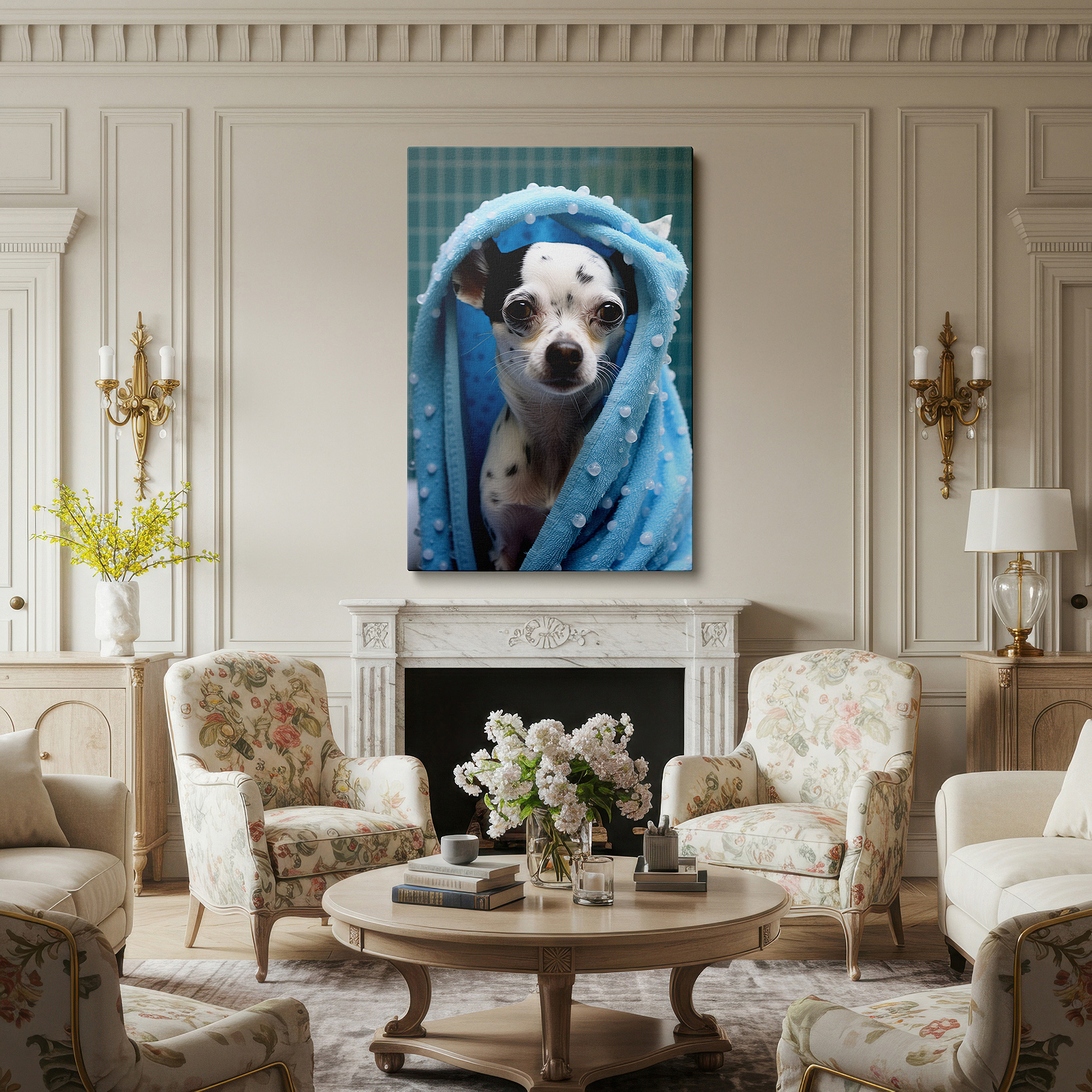 Available in 30×20 cm — a subtle addition to small personal spaces — chihuahua in a blue towel wall art: cozy and charming large canvas for home and office decor