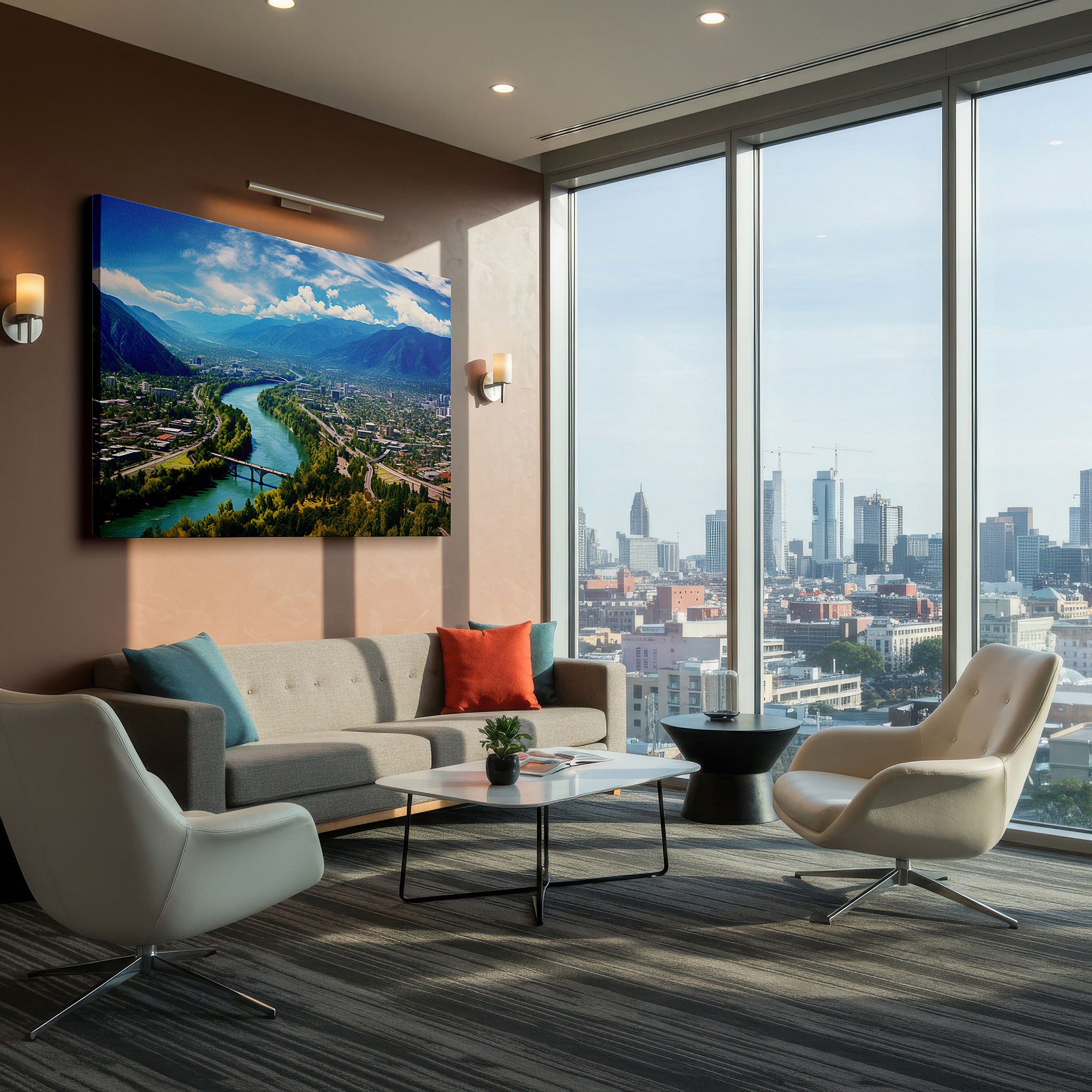 Available in 30×20 cm — a subtle addition to small personal spaces — cityscape and nature aerial symphony, majestic mountains and serene skies canvas wall art, large wall decor for office