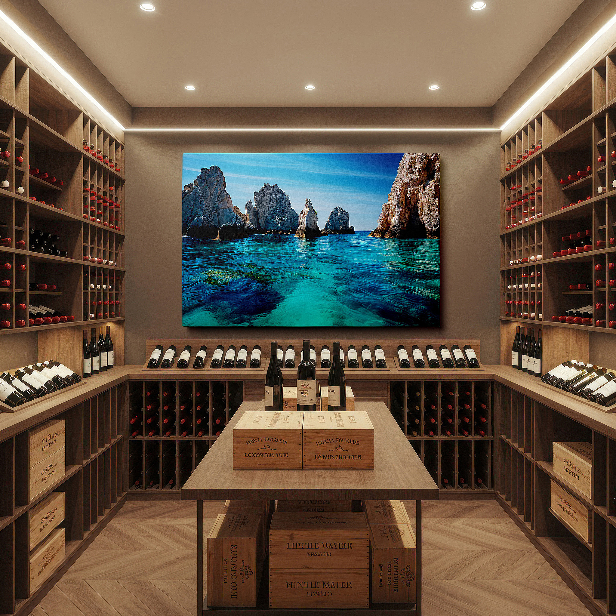 Available in 30×20 cm — a subtle addition to small personal spaces — coastal clarity - turquoise waters and rocky shores beneath an expansive blue sky large wall art, canvas wall art, wall decor for office and bedroom