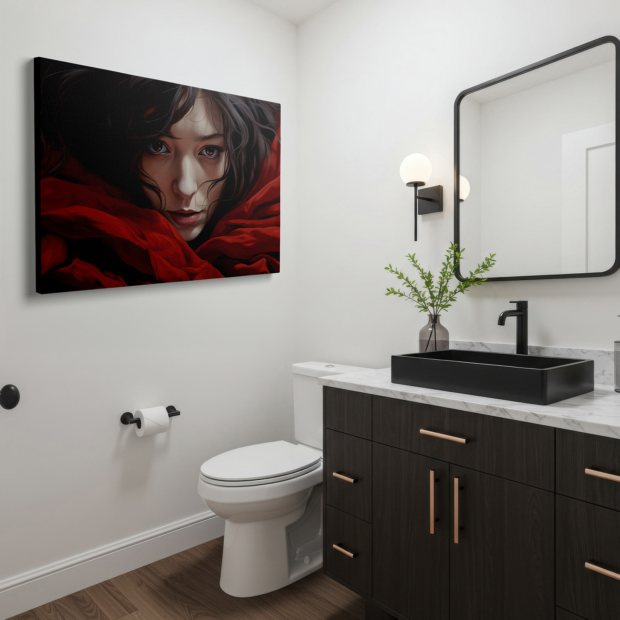 Available in 30×20 cm — a subtle addition to small personal spaces — contemplation in red: a serene portrait draped in luxurious fabric, encouraging profound reflection - large wall art, canvas wall art, wall decor