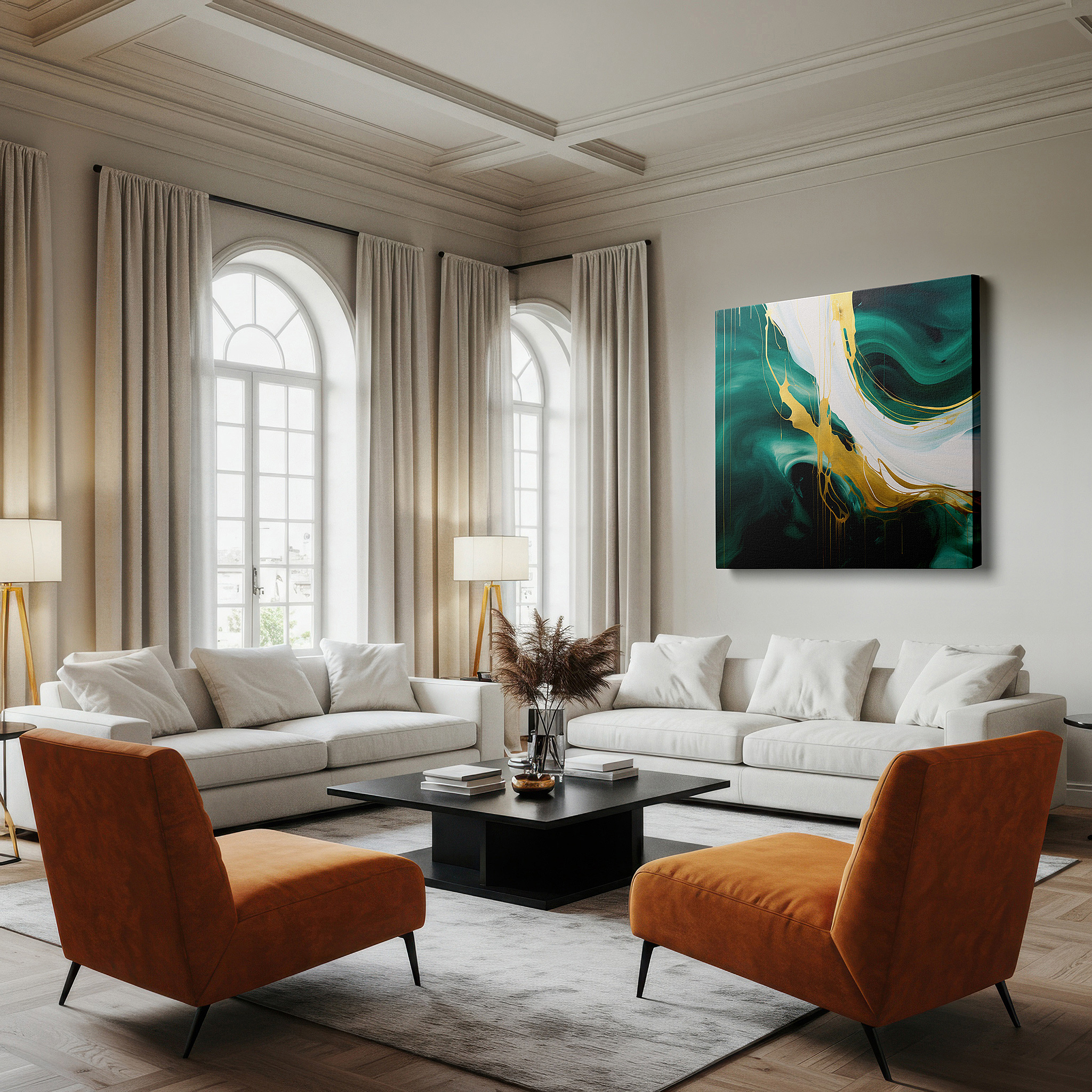 Available in 30×20 cm — a subtle addition to small personal spaces — contemporary elegance in lush green and luxurious gold: large wall art, canvas wall art, wall decor for offices