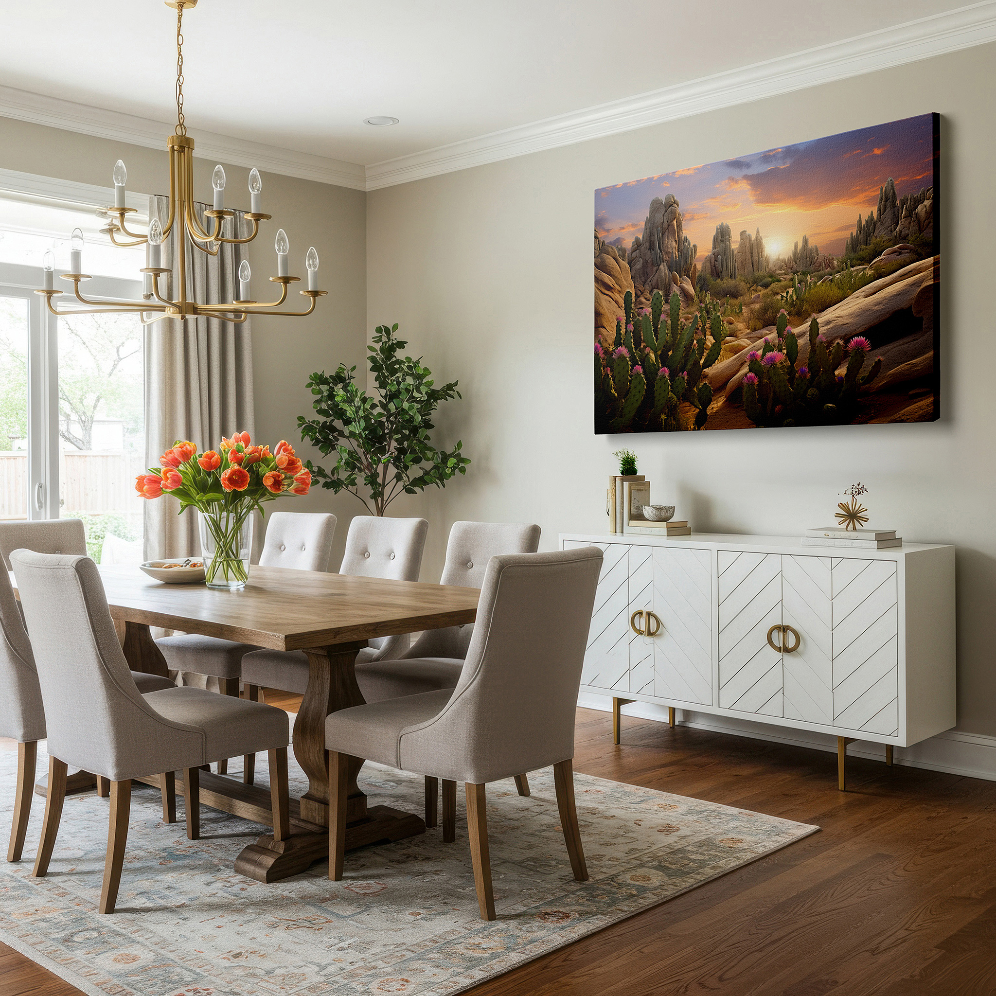 Available in 30×20 cm — a subtle addition to small personal spaces — desert sunset celebration: rugged natural beauty with cactus silhouettes and vibrant wildflowers - large canvas wall art