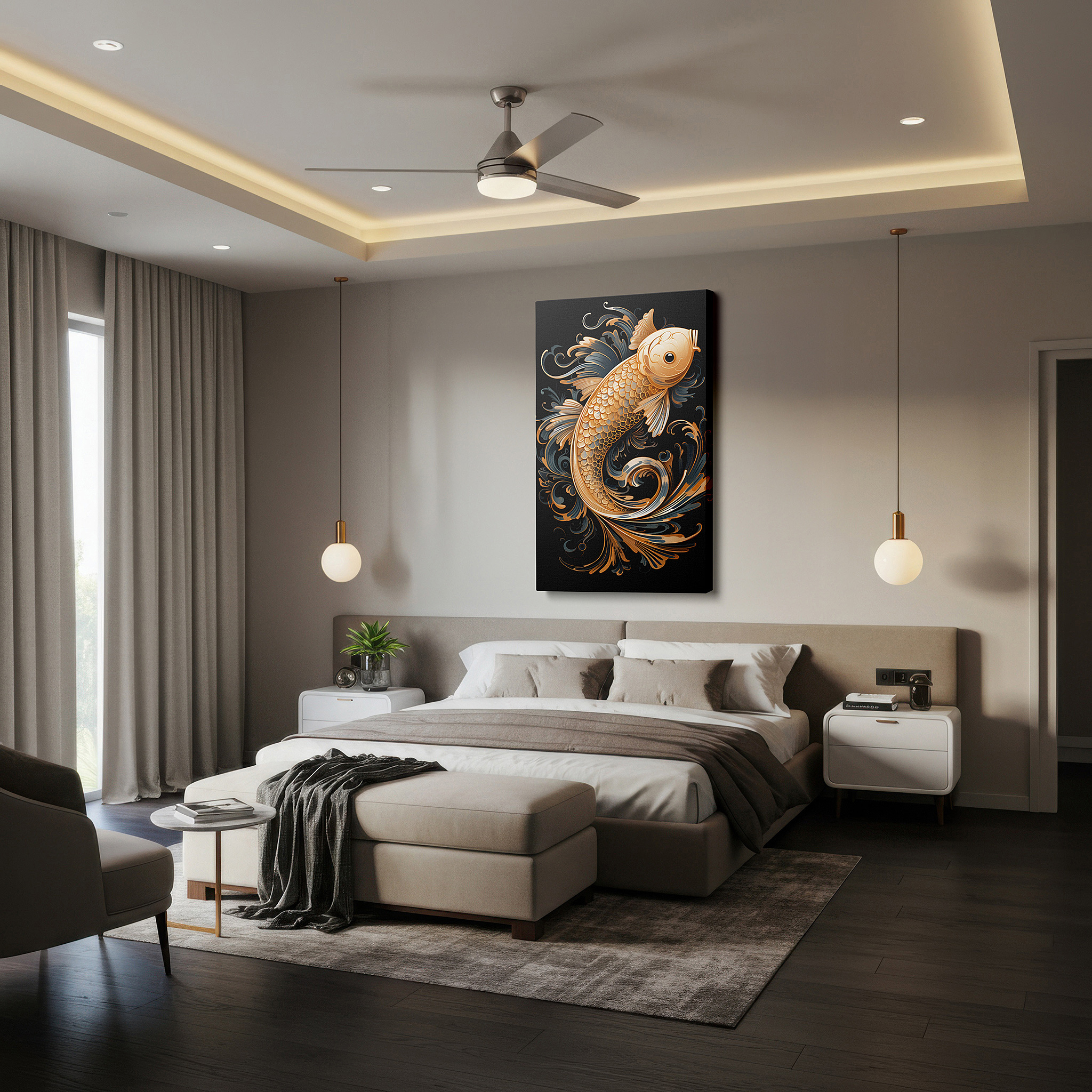 Available in 30×20 cm — a subtle addition to small personal spaces — elegant goldfish with flowing water designs, peaceful water-themed large wall art, canvas wall art, wall decor for office and bedroom