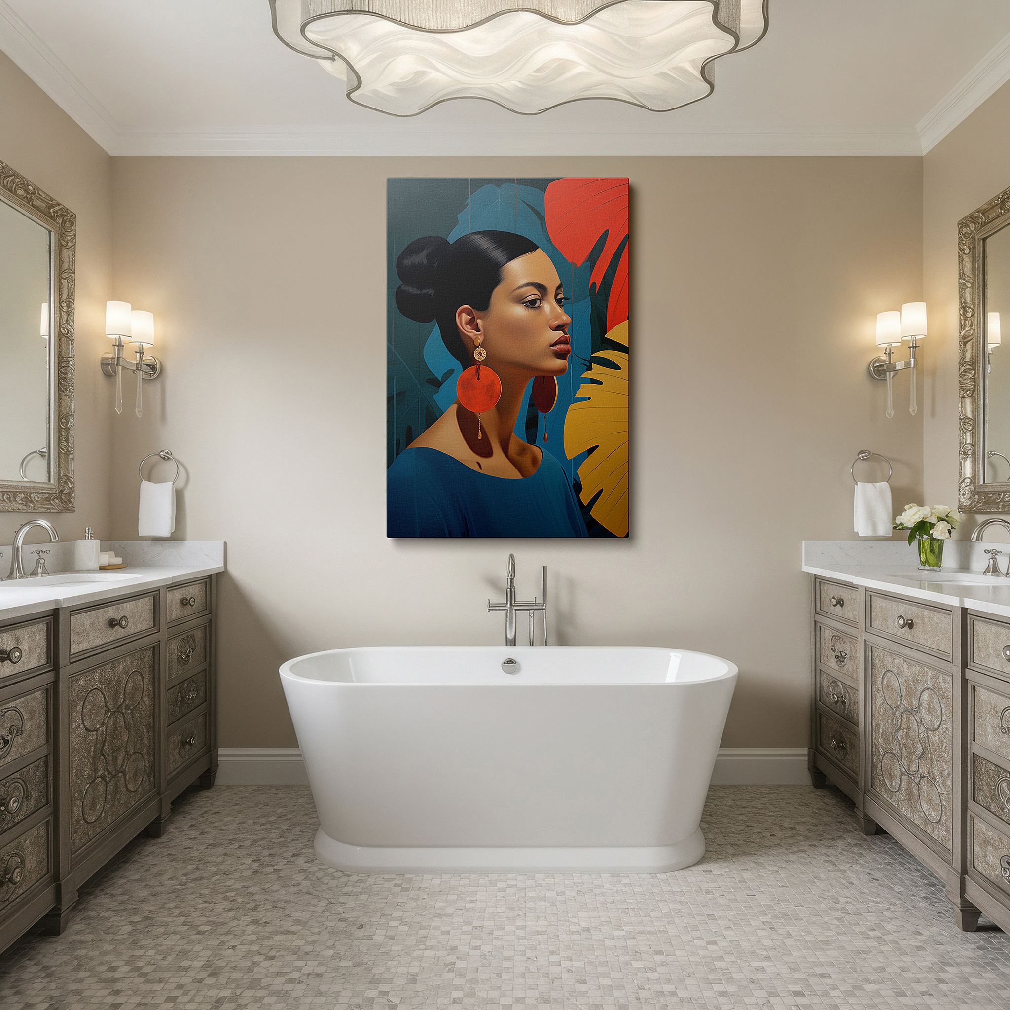 Available in 30×20 cm — a subtle addition to small personal spaces — elegant woman profile - vibrant leaves large wall art, canvas decor for office, bedroom, and living room