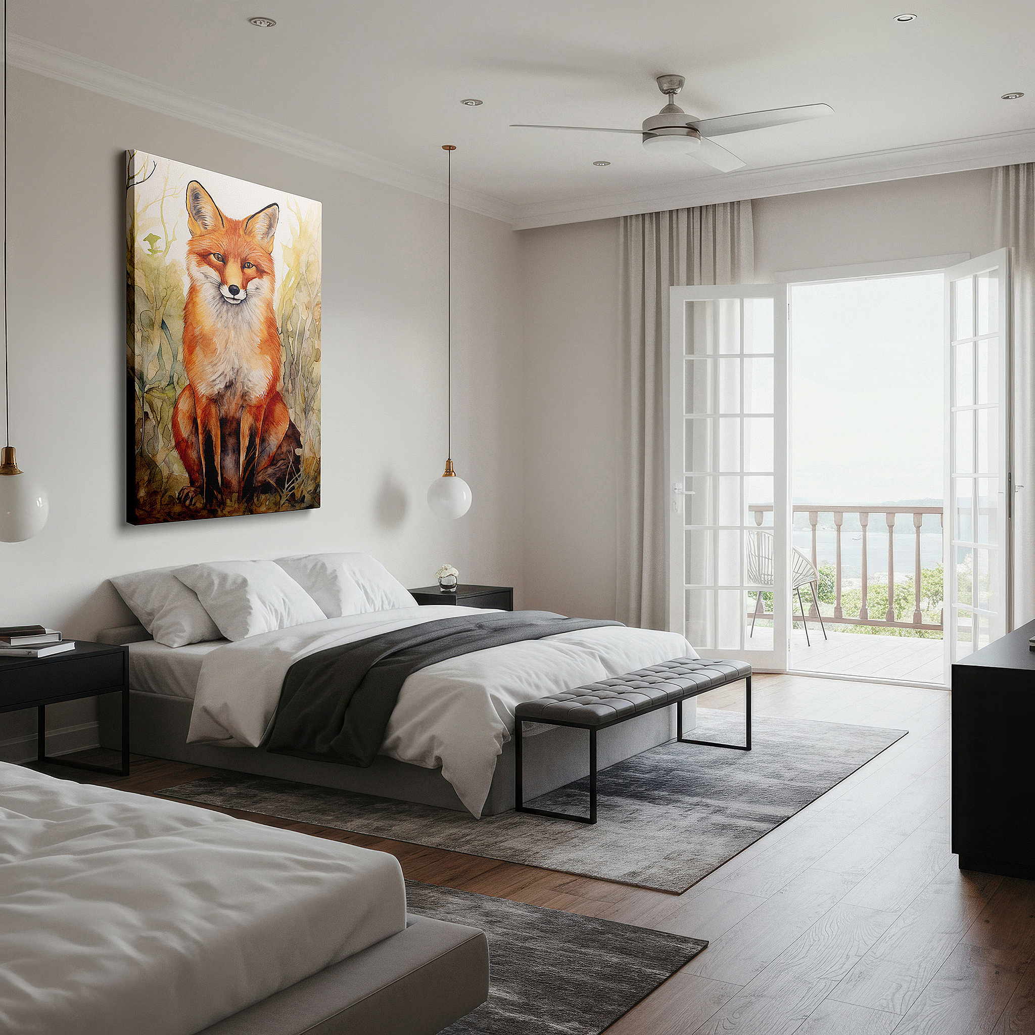 Available in 30×20 cm — a subtle addition to small personal spaces — enchanting fox in tranquil vigilance: a masterful watercolor depiction of the wild spirit, large wall art, canvas wall art
