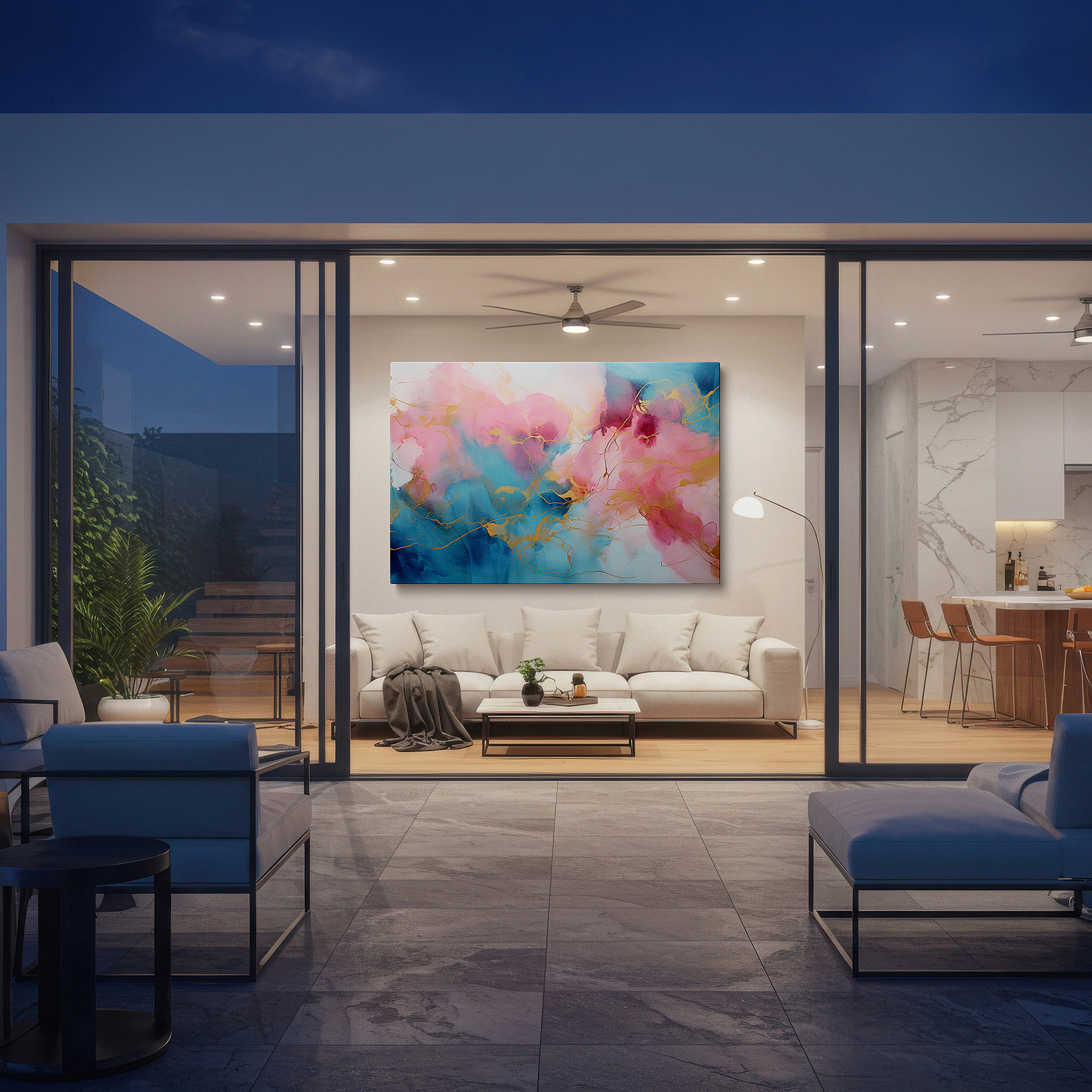 Available in 30×20 cm — a subtle addition to small personal spaces — ethereal canvas wall art featuring dreamlike pinks, blues, and gold lines for office, bedroom, and living room decor