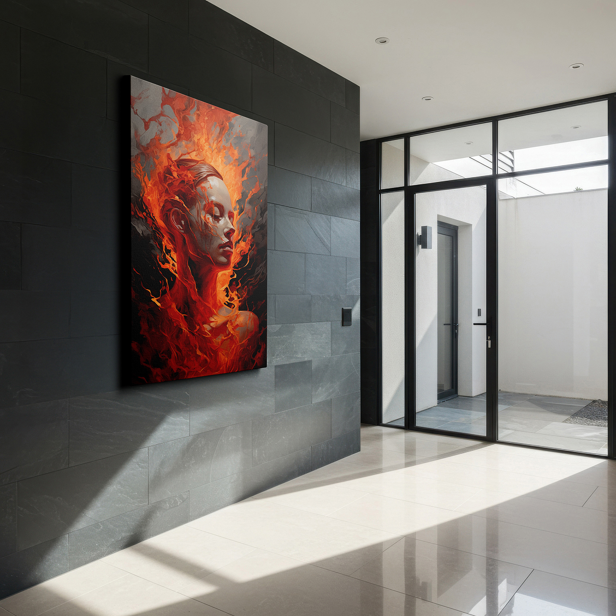 Available in 30×20 cm — a subtle addition to small personal spaces — fiery aura of serenity: a vivid depiction of inner strength and transformation - large wall art, canvas wall art, wall decor for office and bedroom