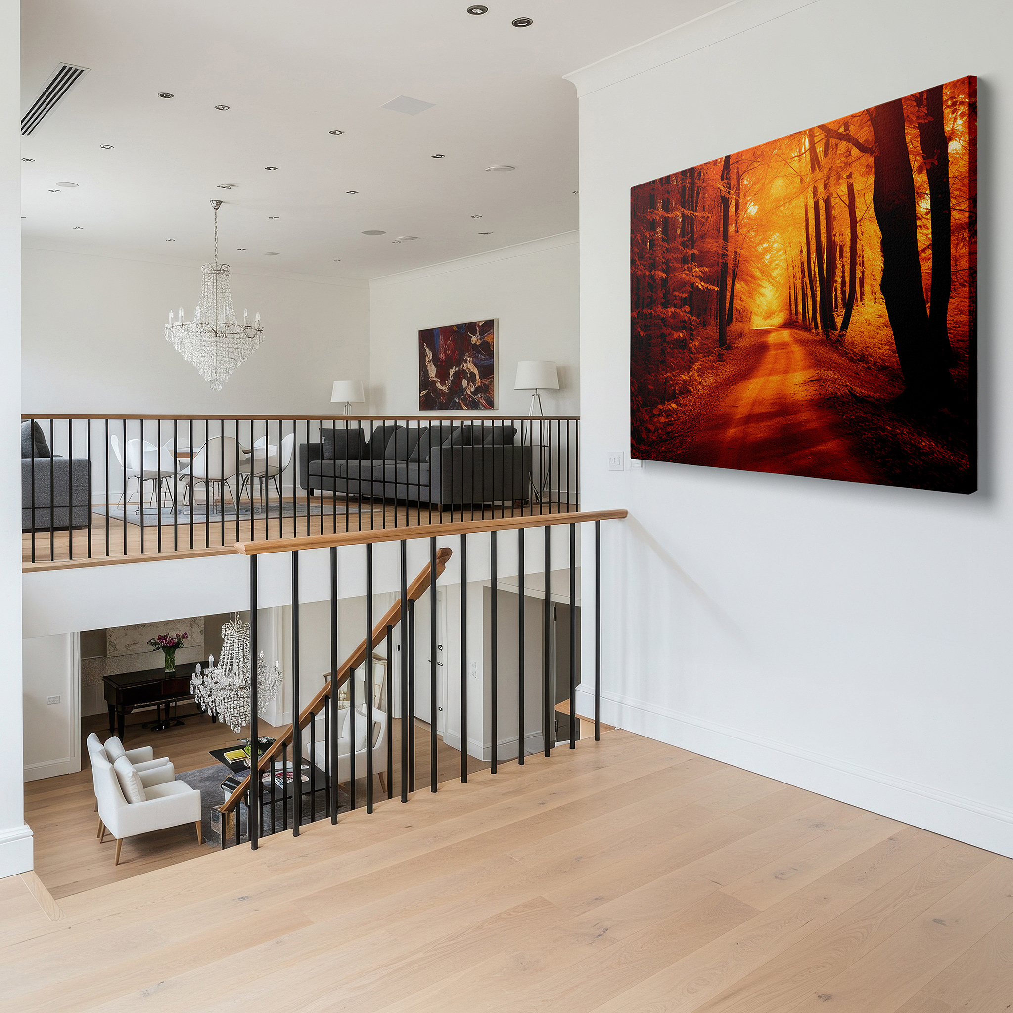 Available in 30×20 cm — a subtle addition to small personal spaces — fiery autumnal pathway canvas print: serene wall art for office or bedroom decor