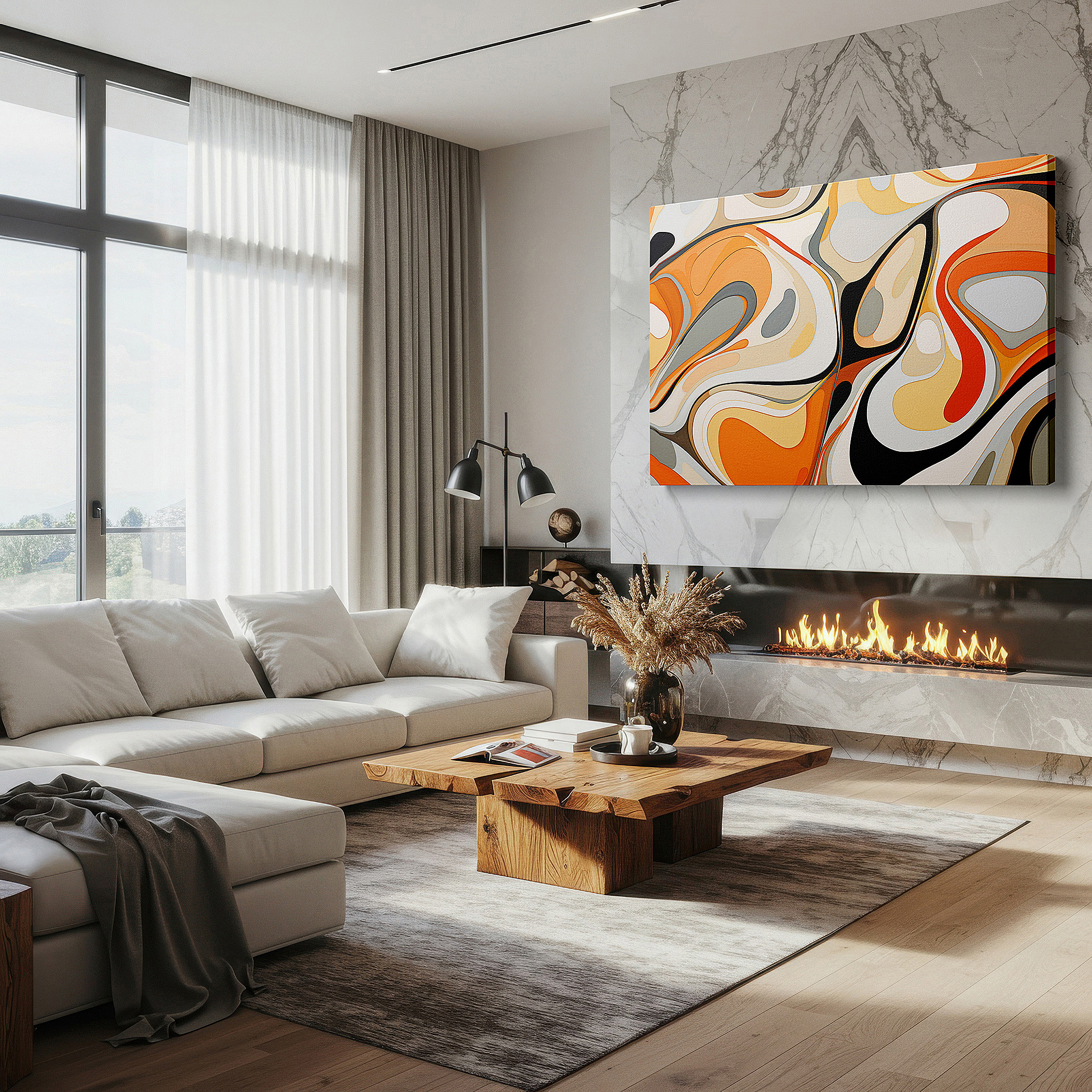 Available in 30×20 cm — a subtle addition to small personal spaces — fluid organic shapes in warm orange and creamy white, featuring a symphony of curves and swirls, large wall art, canvas wall art, wall decor for office