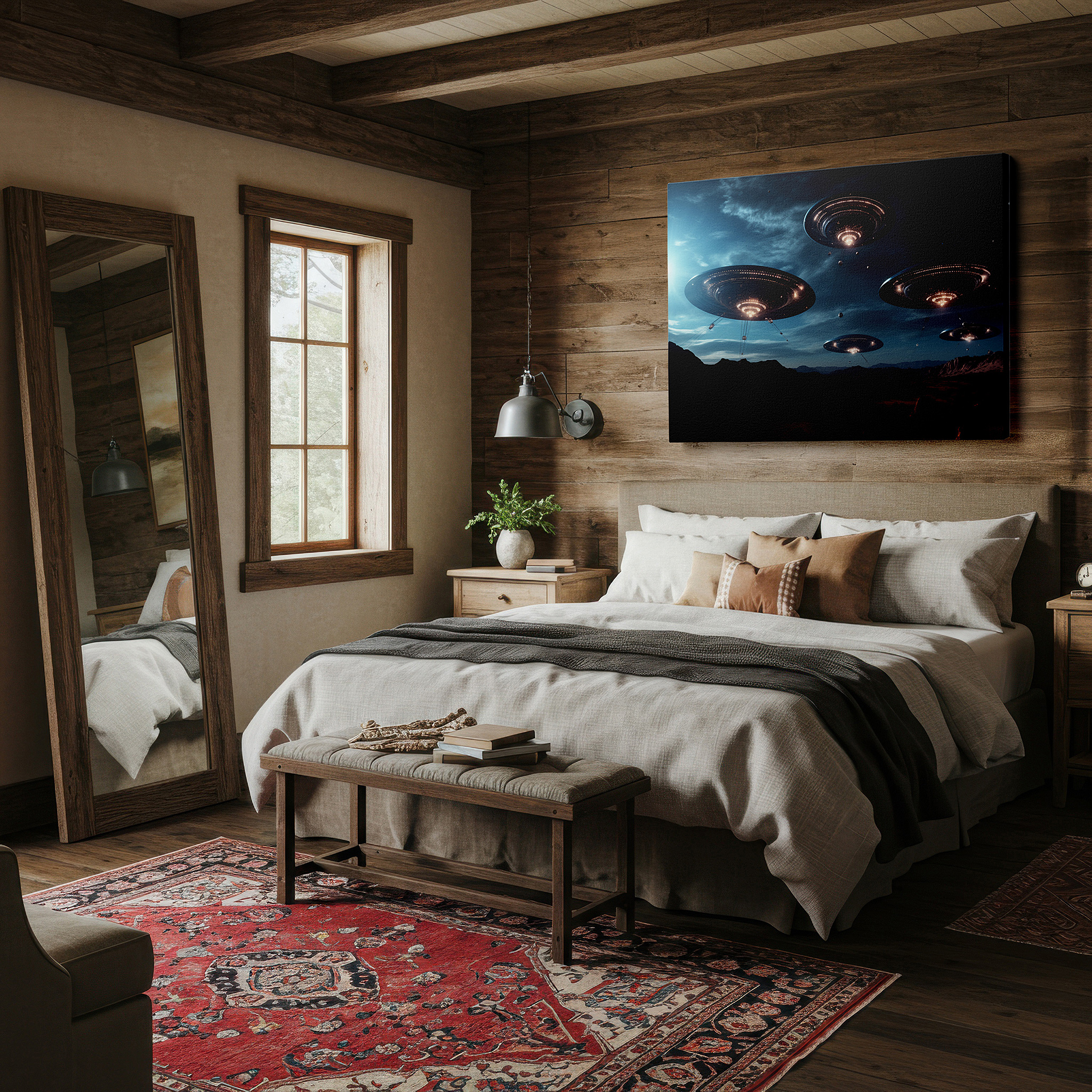 Available in 30×20 cm — a subtle addition to small personal spaces — futuristic ufos hovering above a barren desert in a cosmic encounter - large wall art, canvas wall art, wall decor for office and bedroom