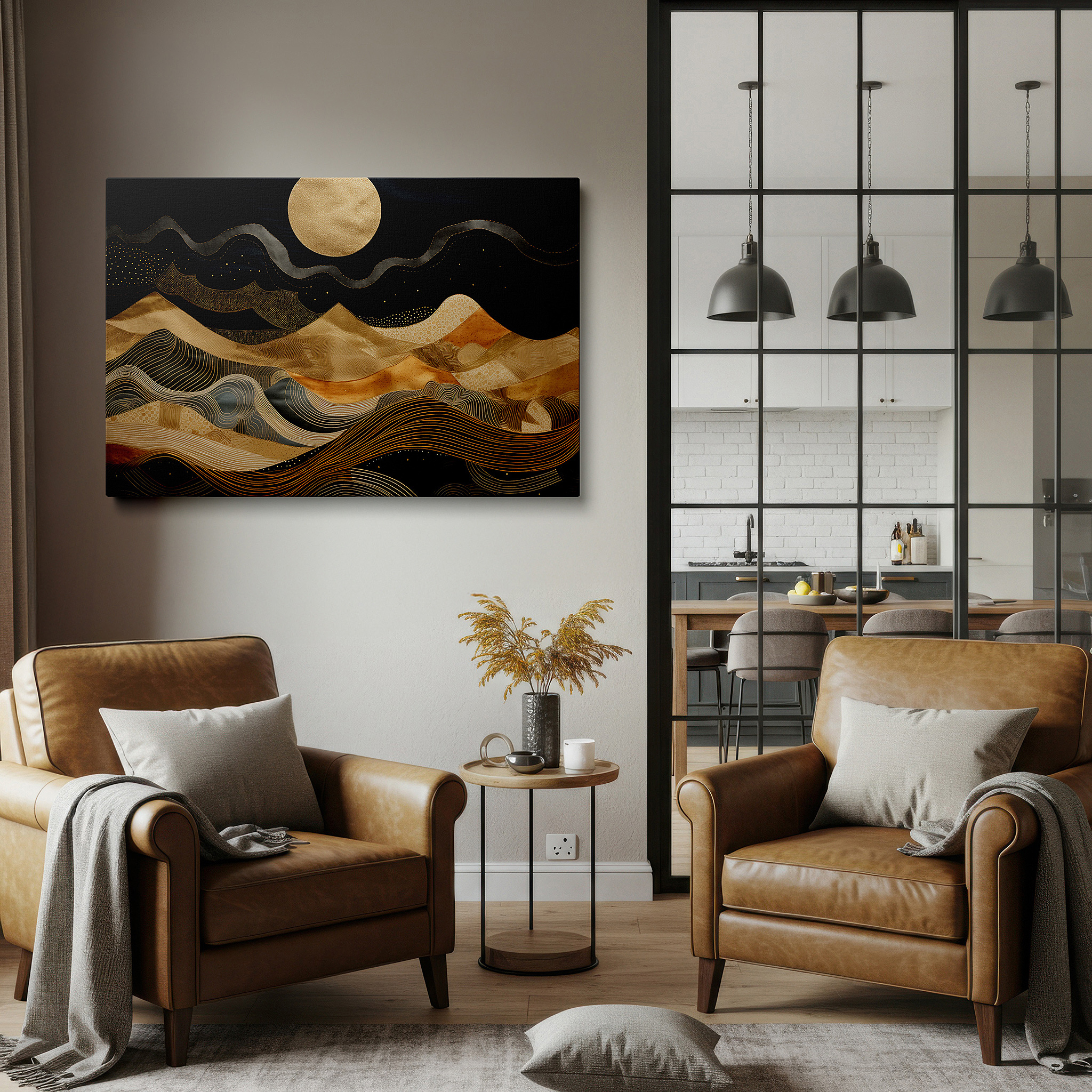 Available in 30×20 cm — a subtle addition to small personal spaces — golden waves and bright moon in a mysterious abstract landscape, large canvas wall art for home and office decor