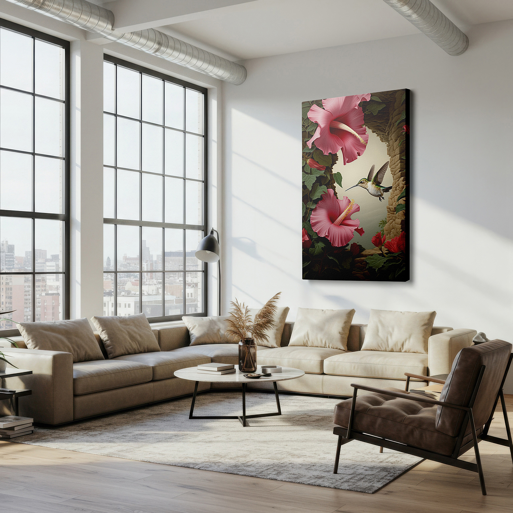 Available in 30×20 cm — a subtle addition to small personal spaces — graceful hummingbird hovering over vibrant hibiscus flowers - large canvas wall art for office, bedroom, and living room decor