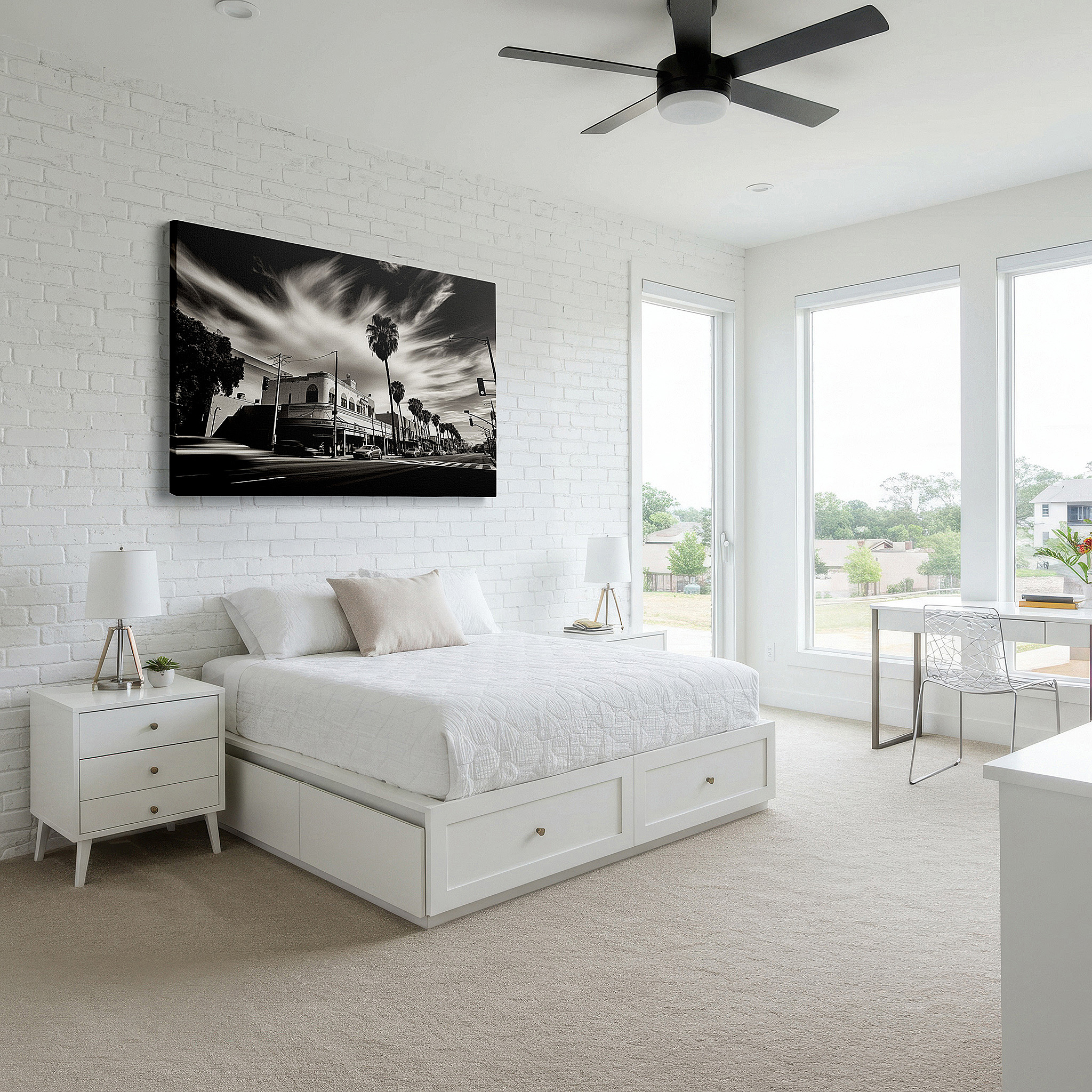 Available in 30×20 cm — a subtle addition to small personal spaces — historical charm blends with contemporary style in a lively street setting featuring detailed architecture and verdant palms - large wall art, canvas wall art