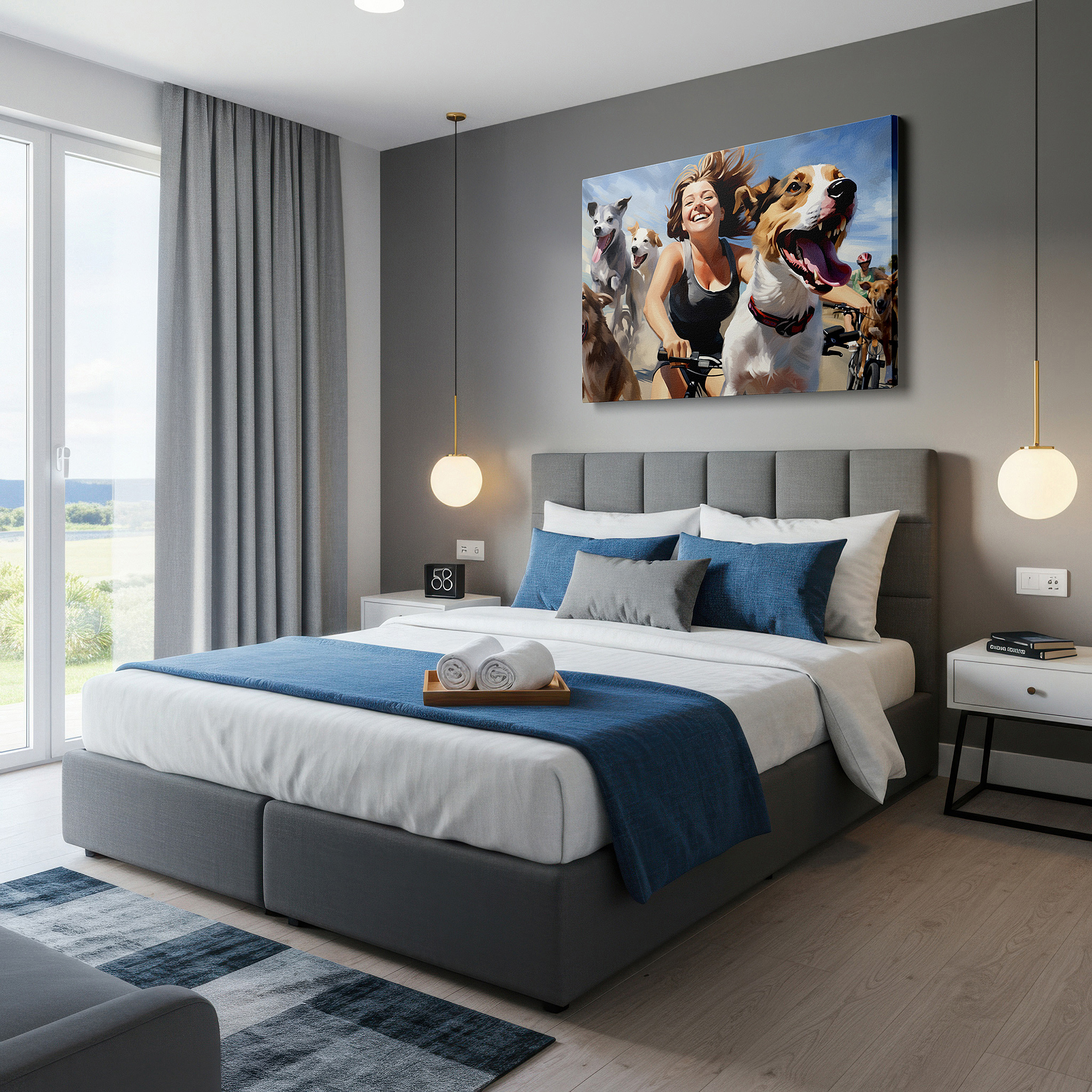 Available in 30×20 cm — a subtle addition to small personal spaces — joyful journey on a sunny trail with energetic dogs and a beaming woman large wall art, canvas wall art, wall decor for office and bedroom