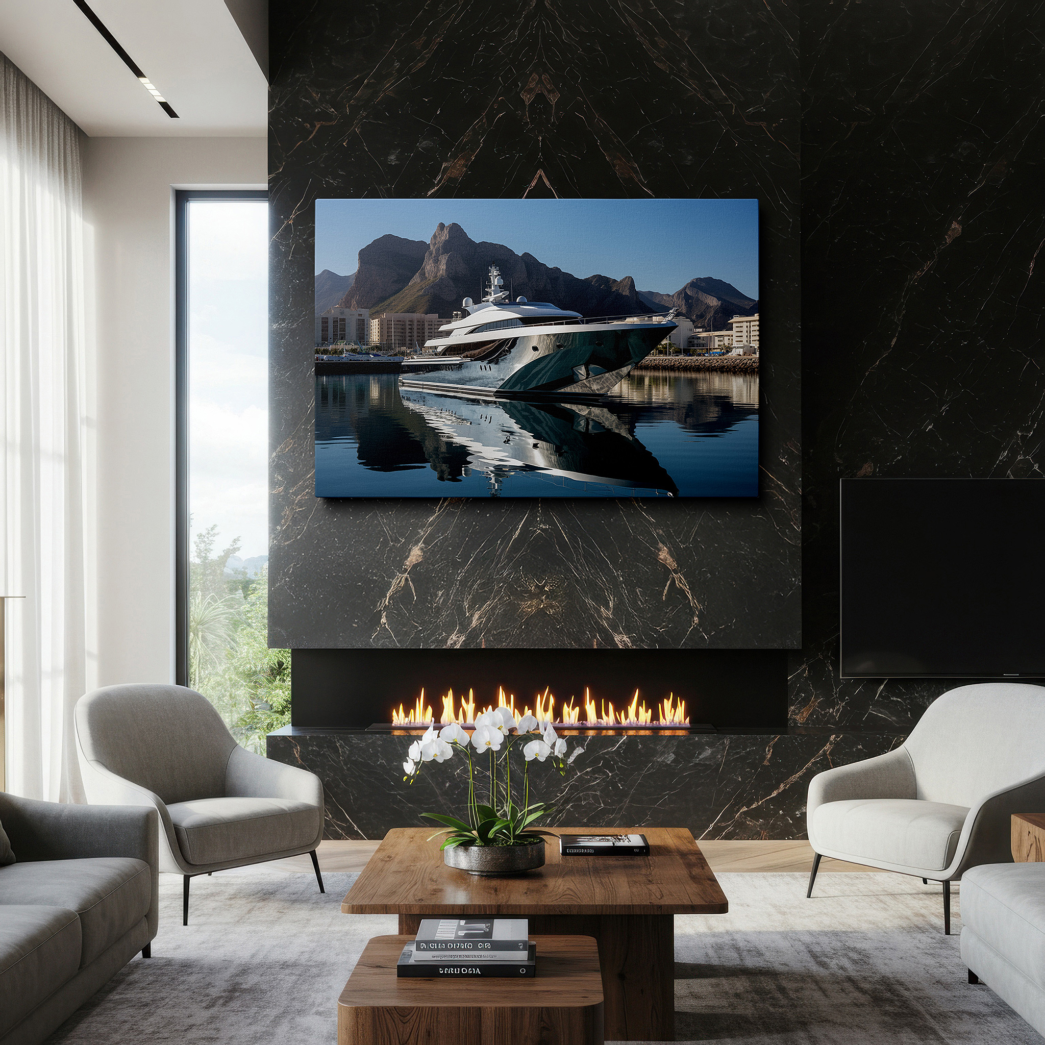 Available in 30×20 cm — a subtle addition to small personal spaces — luxurious coastal serenity: majestic yacht and misty mountain canvas wall art for office and bedroom decor