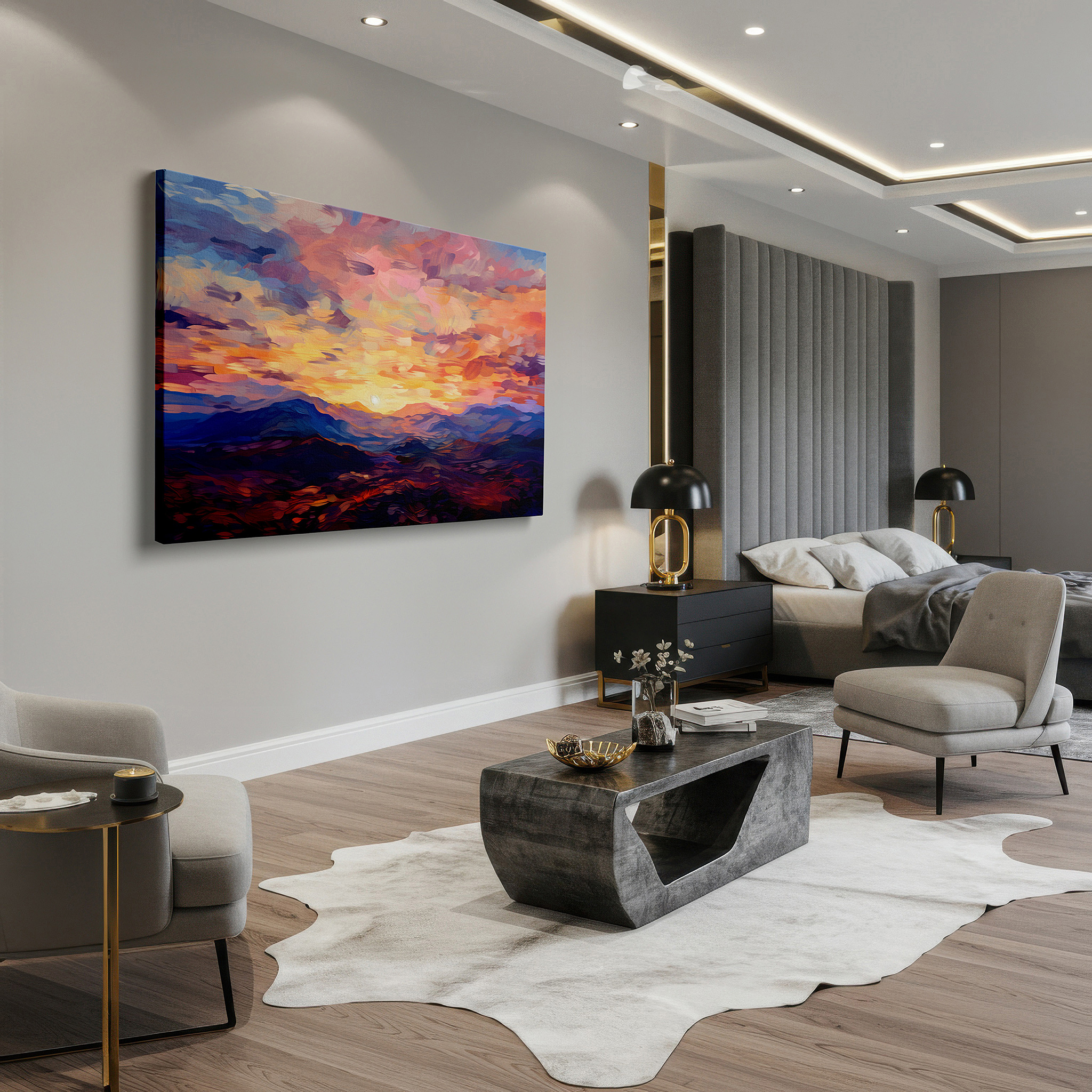 Available in 30×20 cm — a subtle addition to small personal spaces — majestic mountain sunset: a serene blend of warm oranges and cool blues, large canvas wall art for home and office decor
