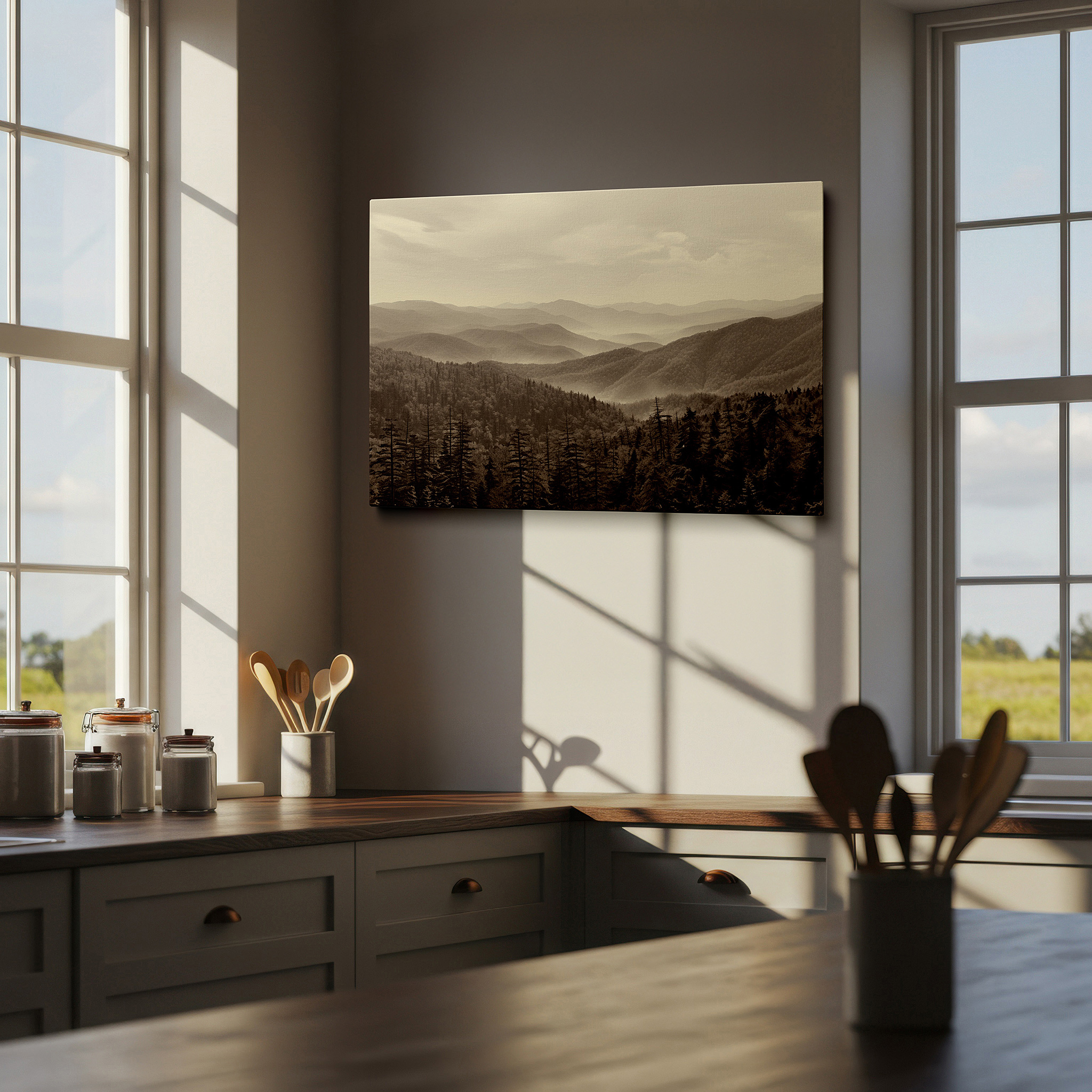 Available in 30×20 cm — a subtle addition to small personal spaces — misty ethereal mountains, tranquil panoramic large wall art for serene spaces, canvas wall art, wall decor for office and bedroom