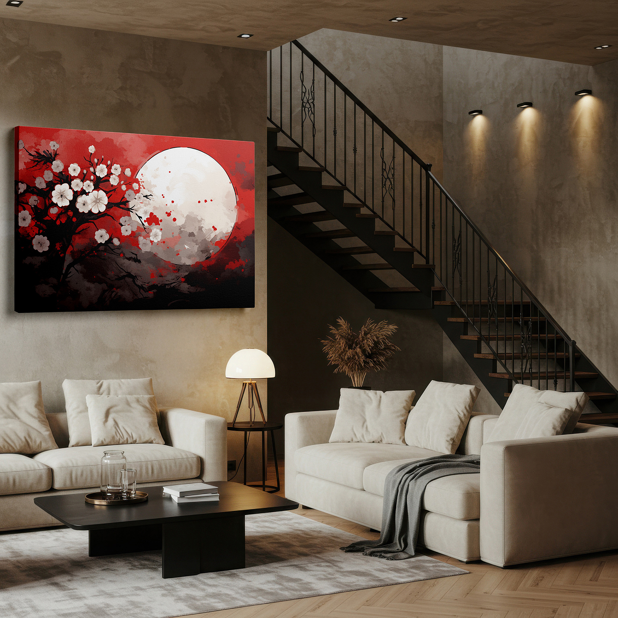 Available in 30×20 cm — a subtle addition to small personal spaces — moonlit cherry blossoms on a striking red background large canvas wall art, office decor